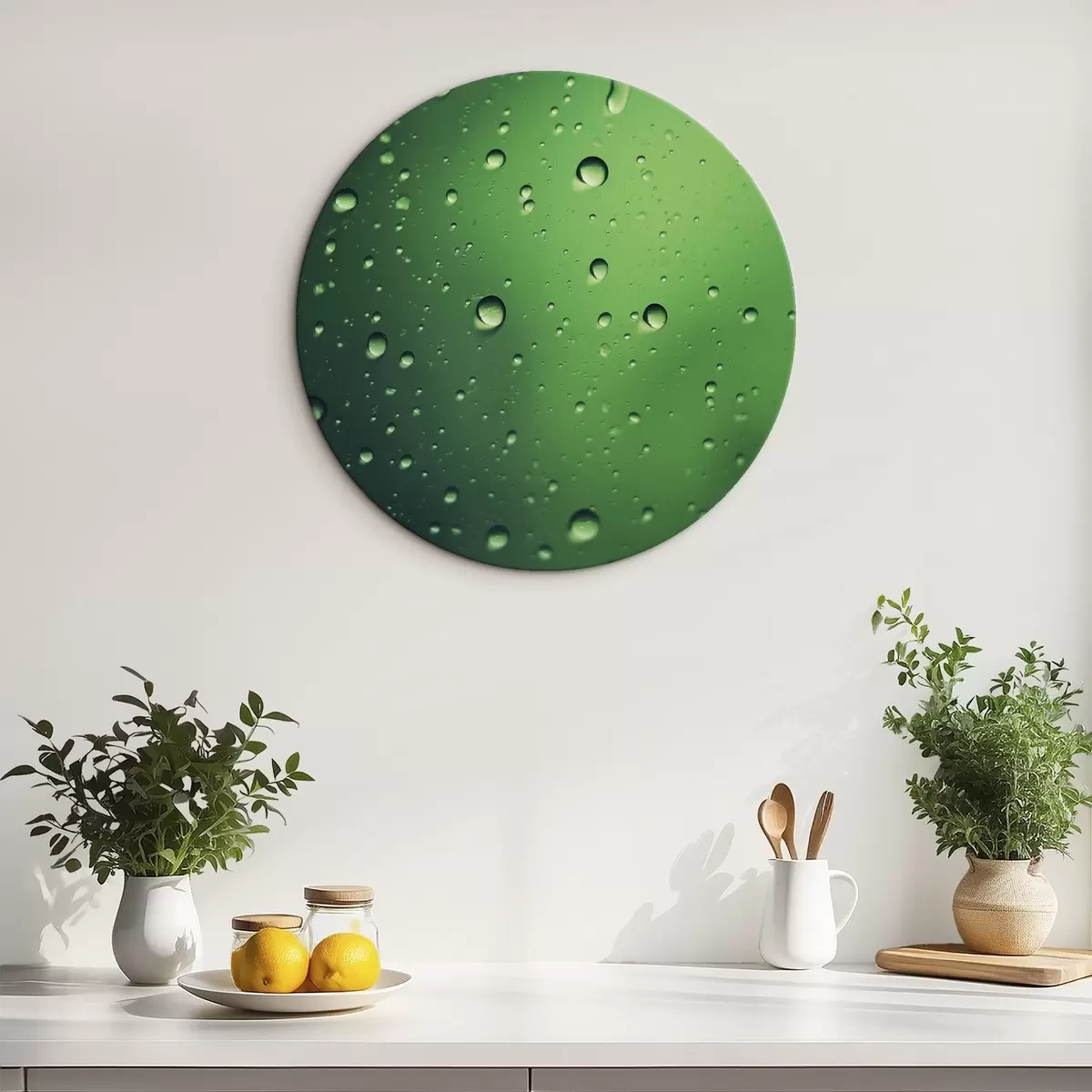Tableaux rondes Gouttes d'eau sur verre vert, gros plan r45521
