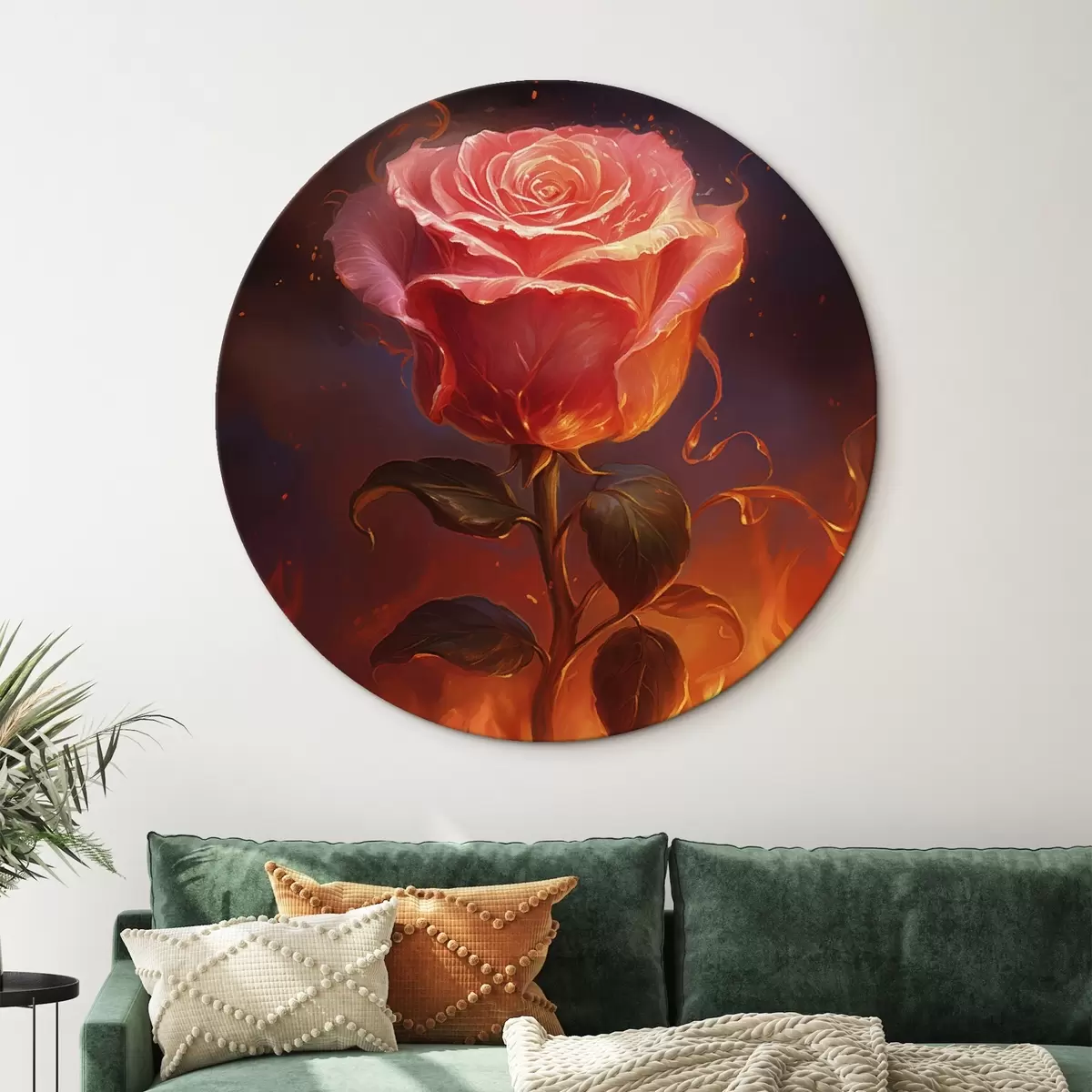 Tableaux rondes Rose rouge parmi le feu et les étincelles r45523