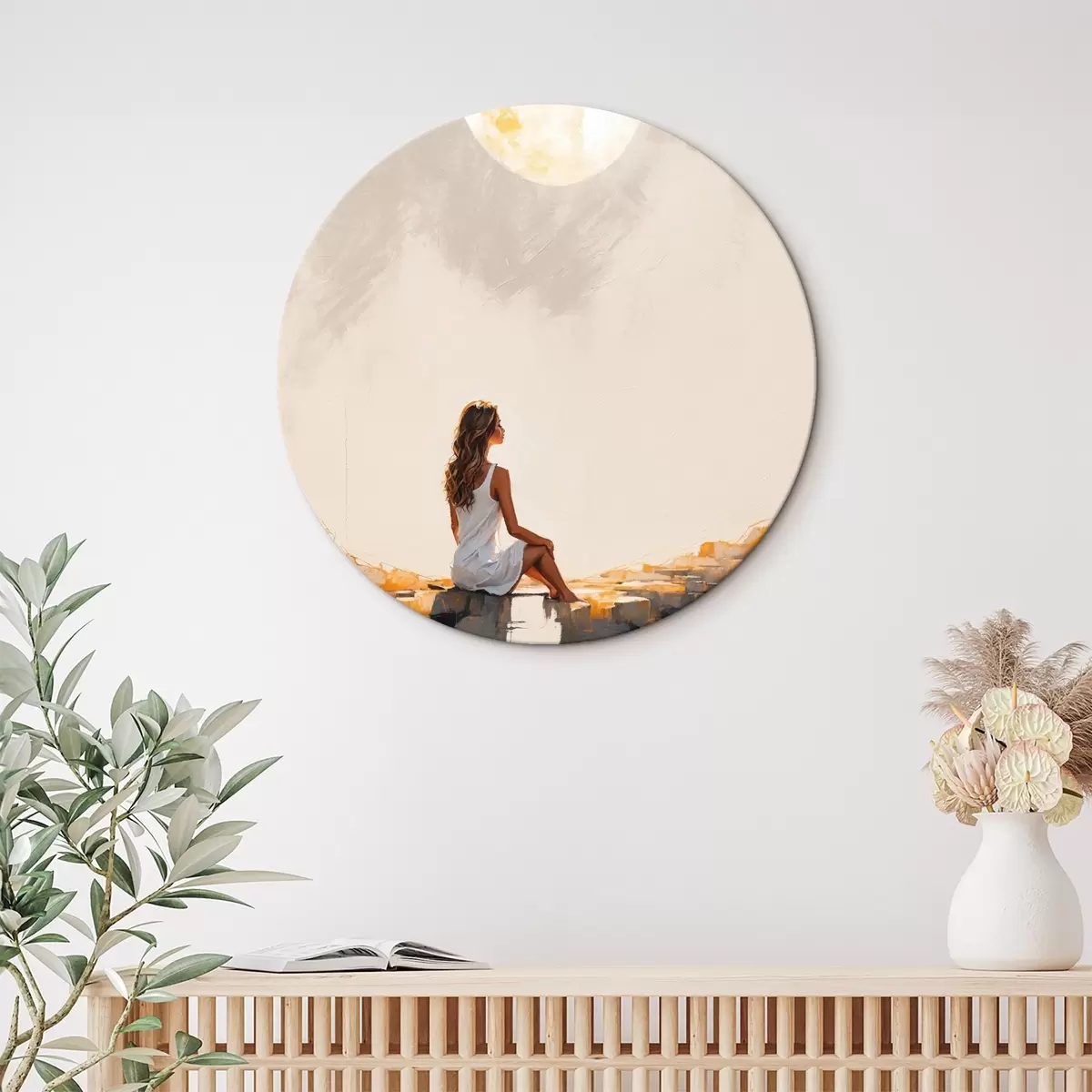 Tableaux rondes Fille en robe blanche assise sous une grande lune r45621