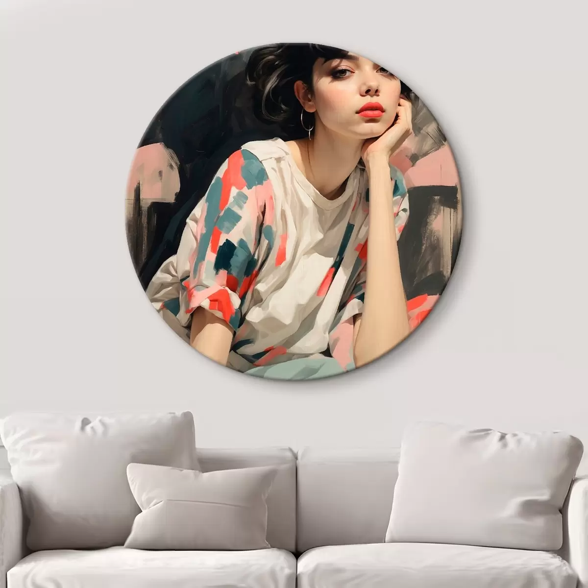 Tableaux rondes Portrait d'une jeune fille sur fond d'yeux et de traits abstraits r45623