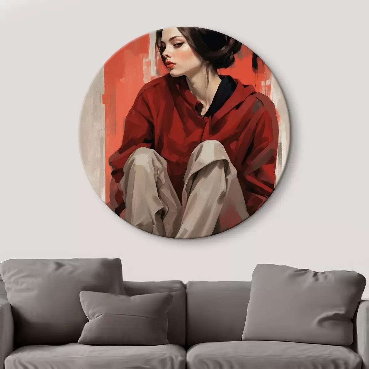Tableaux rondes Fille vêtue d'une cape rouge, assise, les jambes repliées r45624