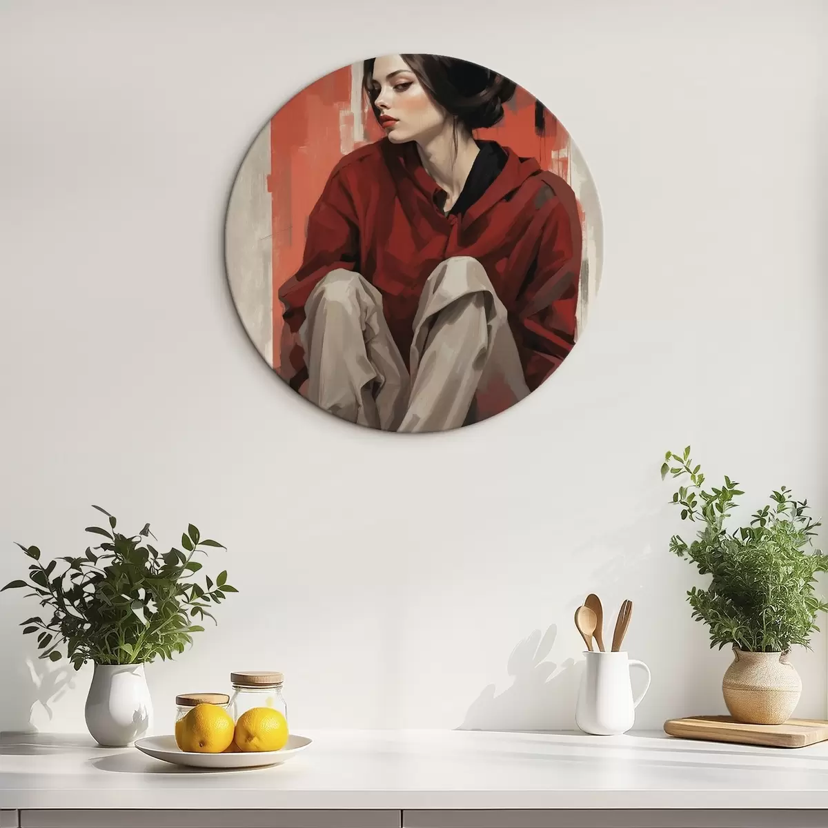 Tableaux rondes Fille vêtue d'une cape rouge, assise, les jambes repliées r45624