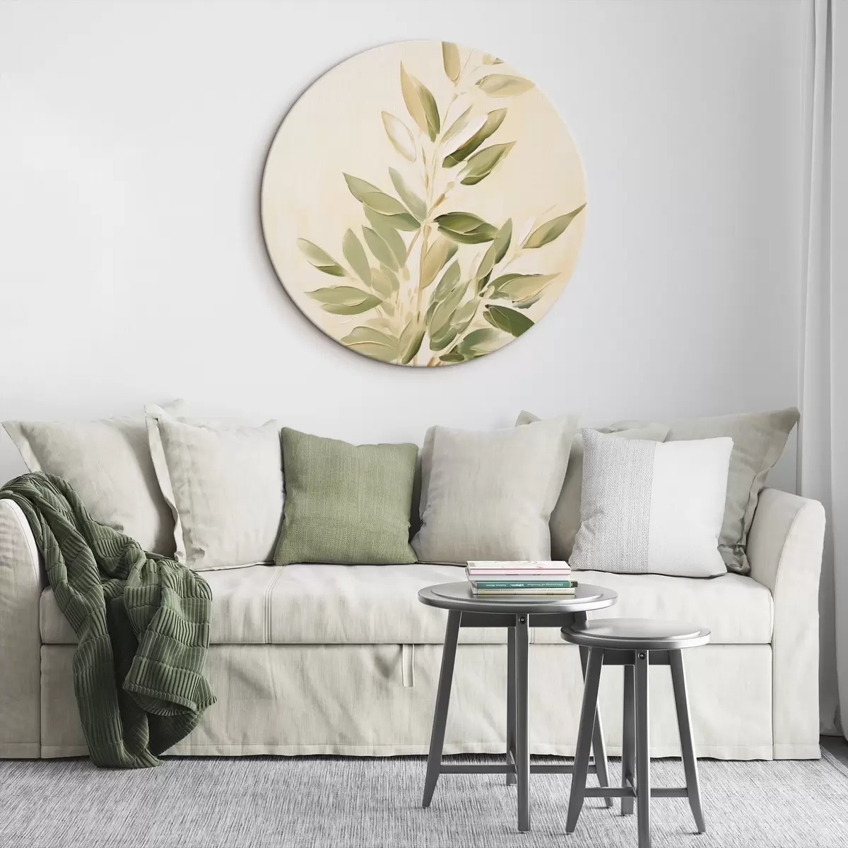 Tableaux rondes Branche avec des feuilles vertes sur un fond beige clair r45689