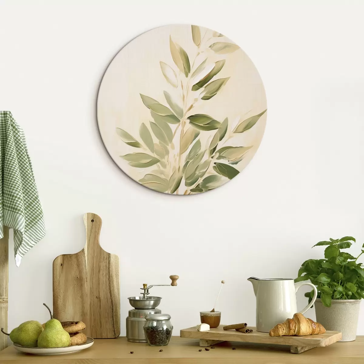 Tableaux rondes Branche avec des feuilles vertes sur un fond beige clair r45689