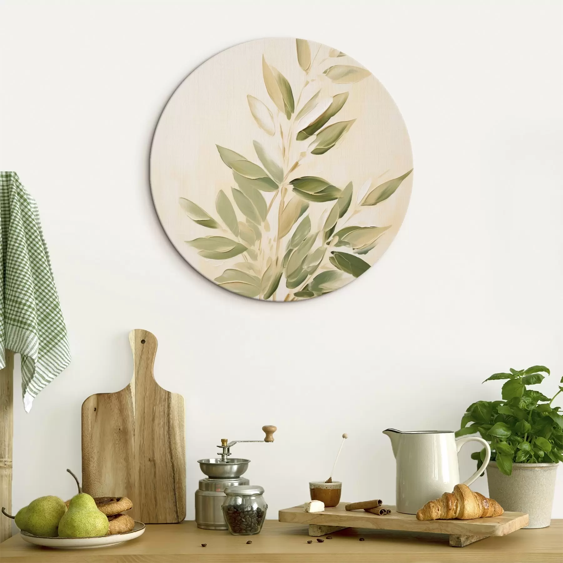 Tableau Branche avec des feuilles vertes sur un fond beige clair r45689