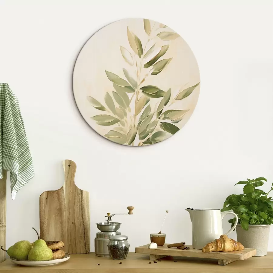 Tableau Branche avec des feuilles vertes sur un fond beige clair r45689