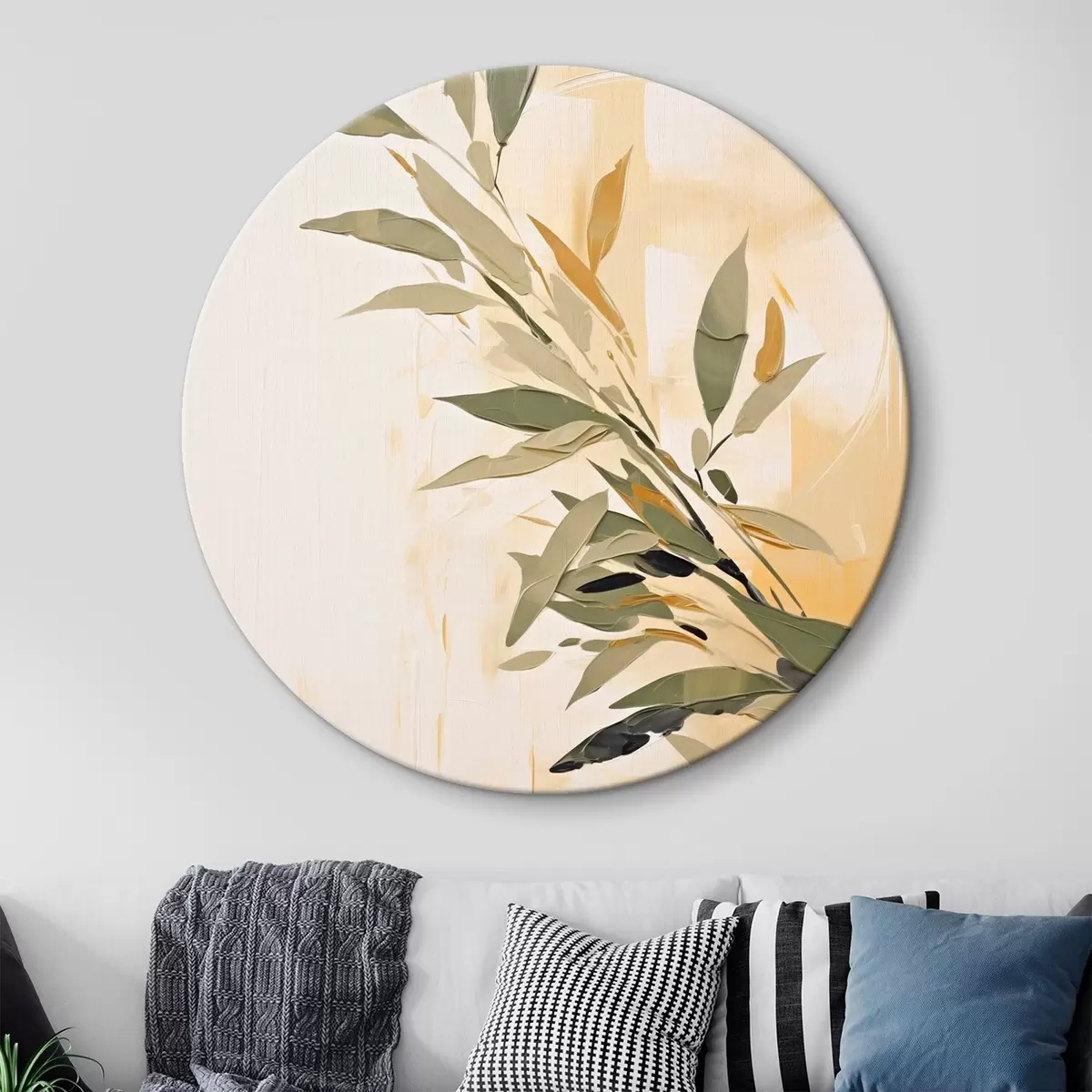 Tableaux rondes Branche botanique avec des feuilles vertes sur un fond chaud r45690
