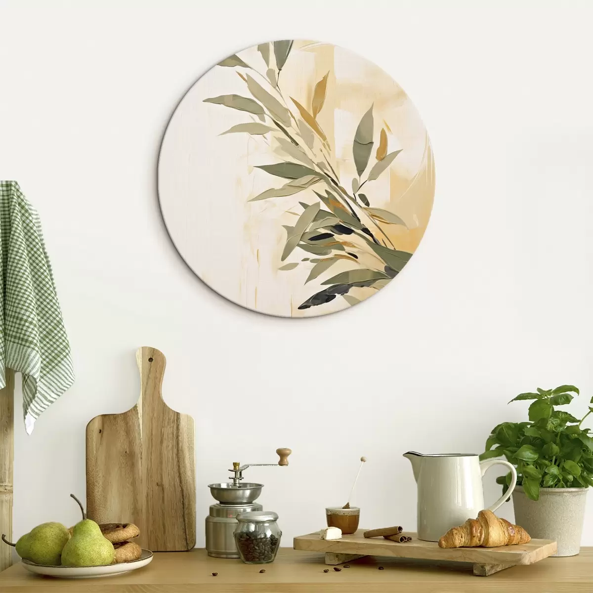 Tableaux rondes Branche botanique avec des feuilles vertes sur un fond chaud r45690