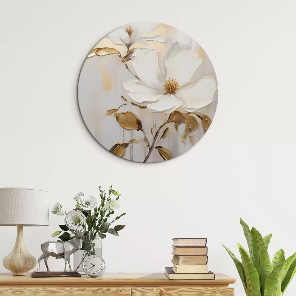 Tableaux rondes Deux fleurs blanches avec des feuilles jaune-orange sur un fond clair r45691