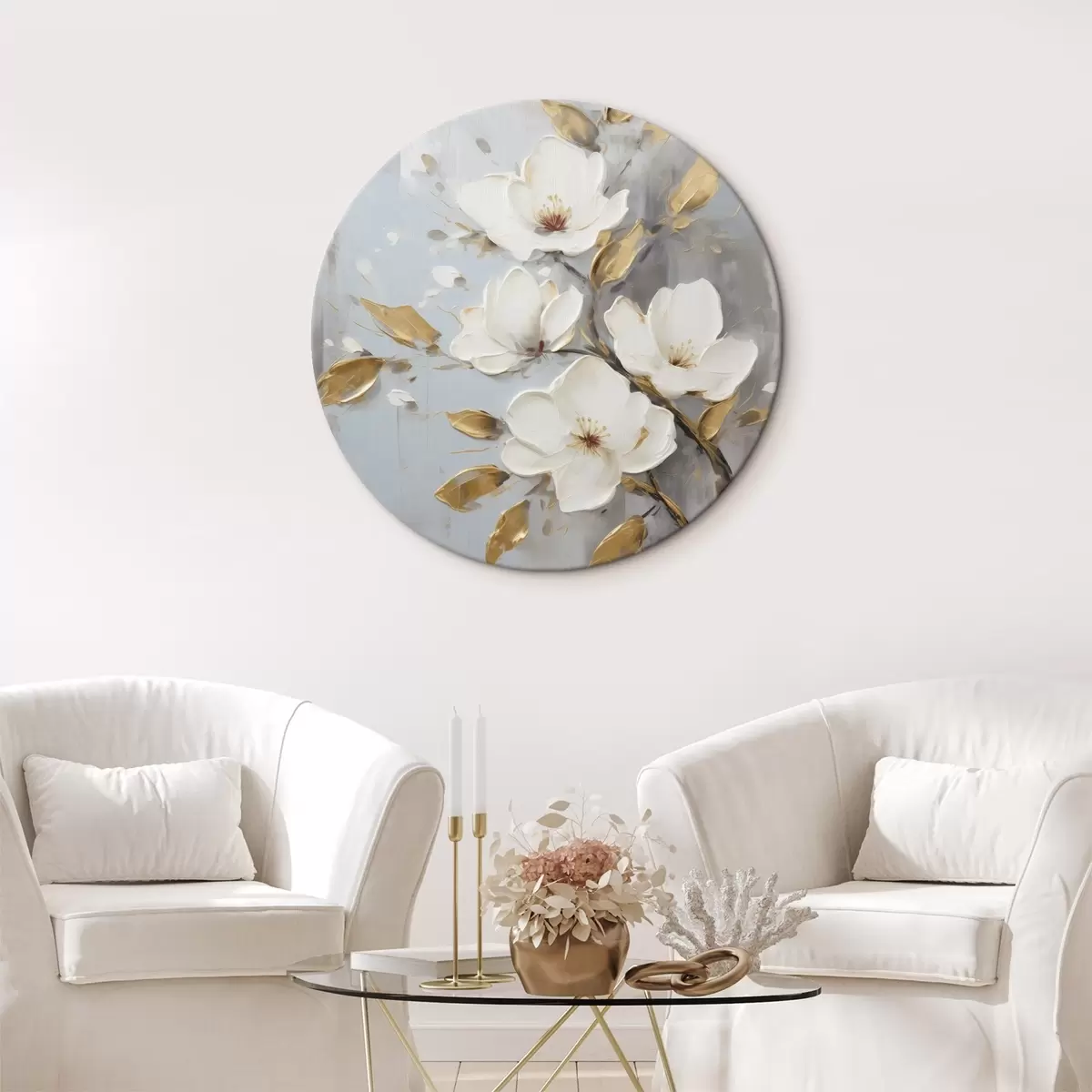 Tableaux rondes Branche avec des fleurs blanches et des feuilles jaune-orange r45692