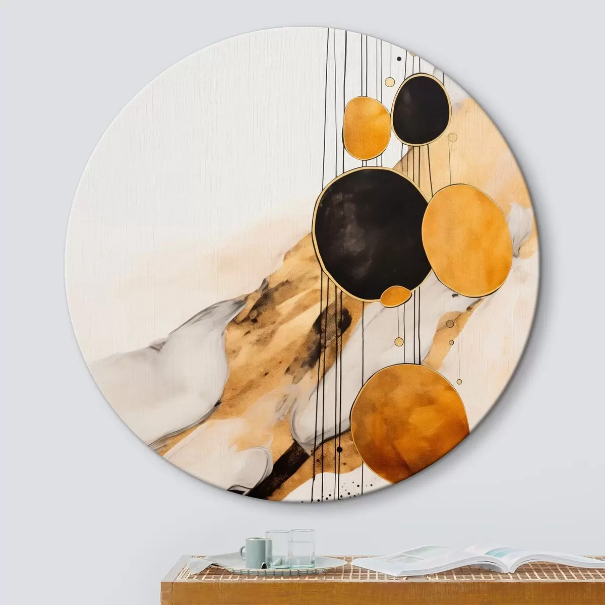 Tableaux rondes Cercles abstraits orange et noirs sur fond clair r45693