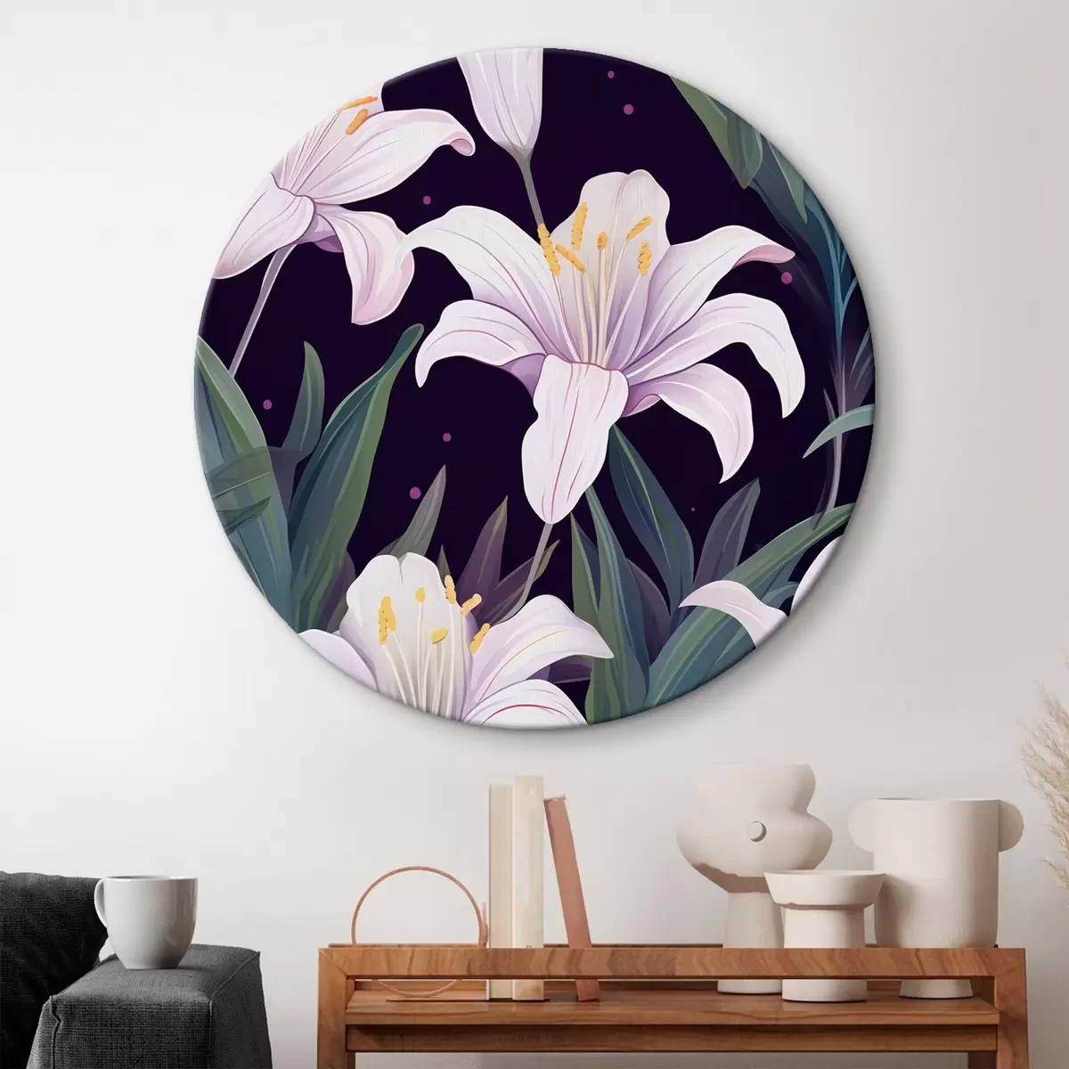 Tableaux rondes Lys délicats sur un fond sombre avec des feuilles vertes r45697
