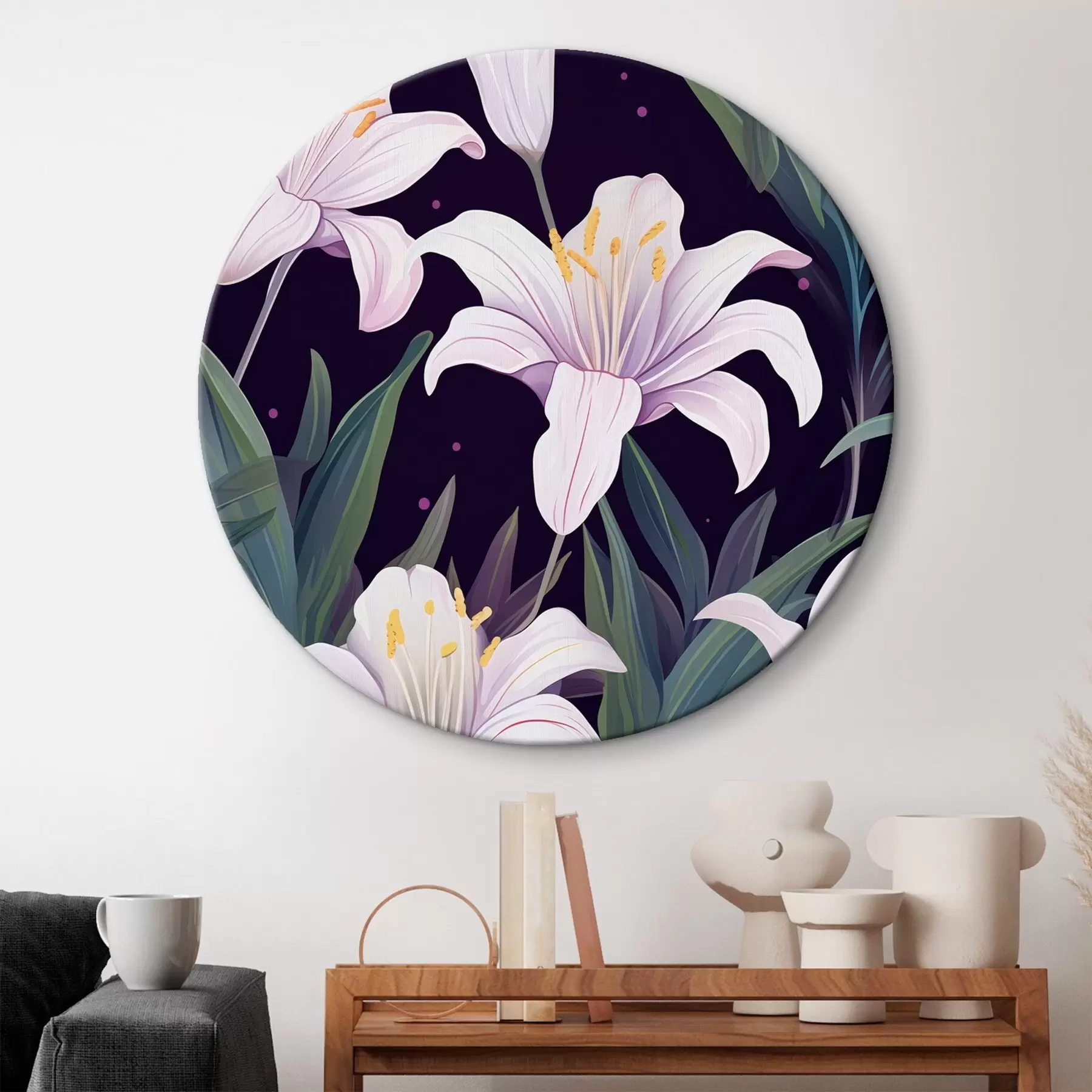 Tableau Lys délicats sur un fond sombre avec des feuilles vertes r45697