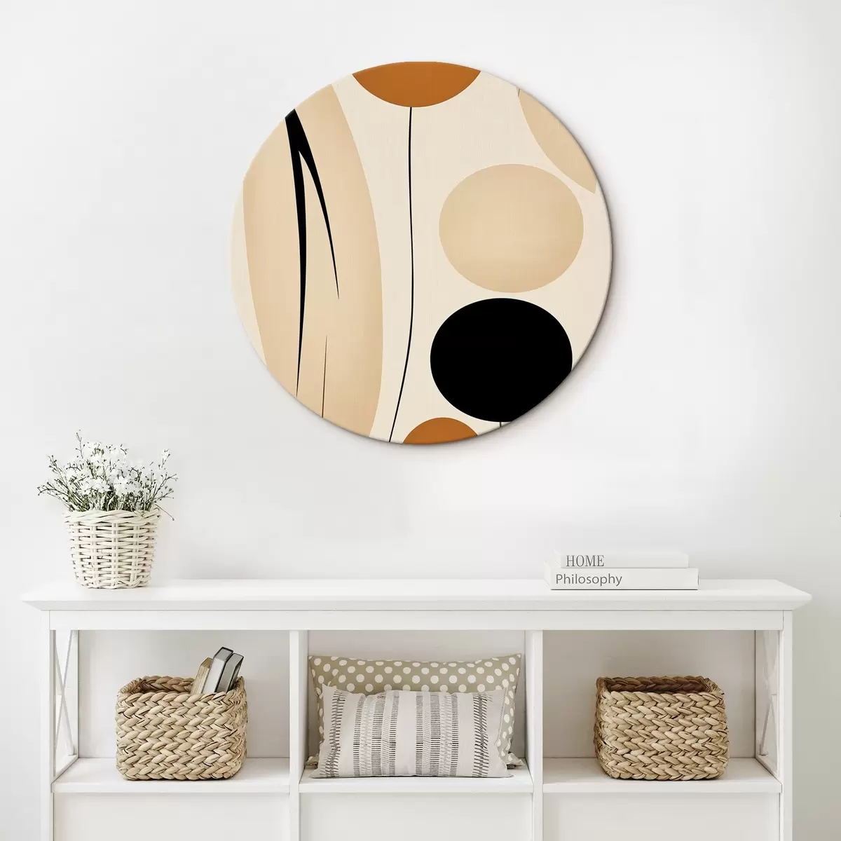 Tableaux rondes Composition abstraite avec des cercles noirs et orange r45700