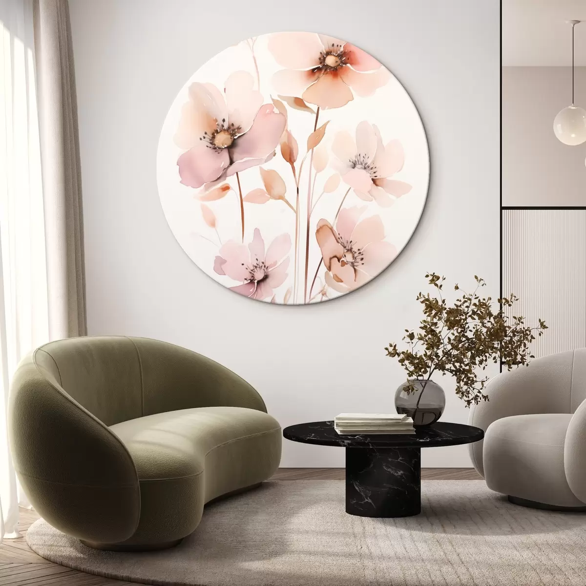 Tableaux rondes Fleurs roses aquarelles sur tiges fines r45701