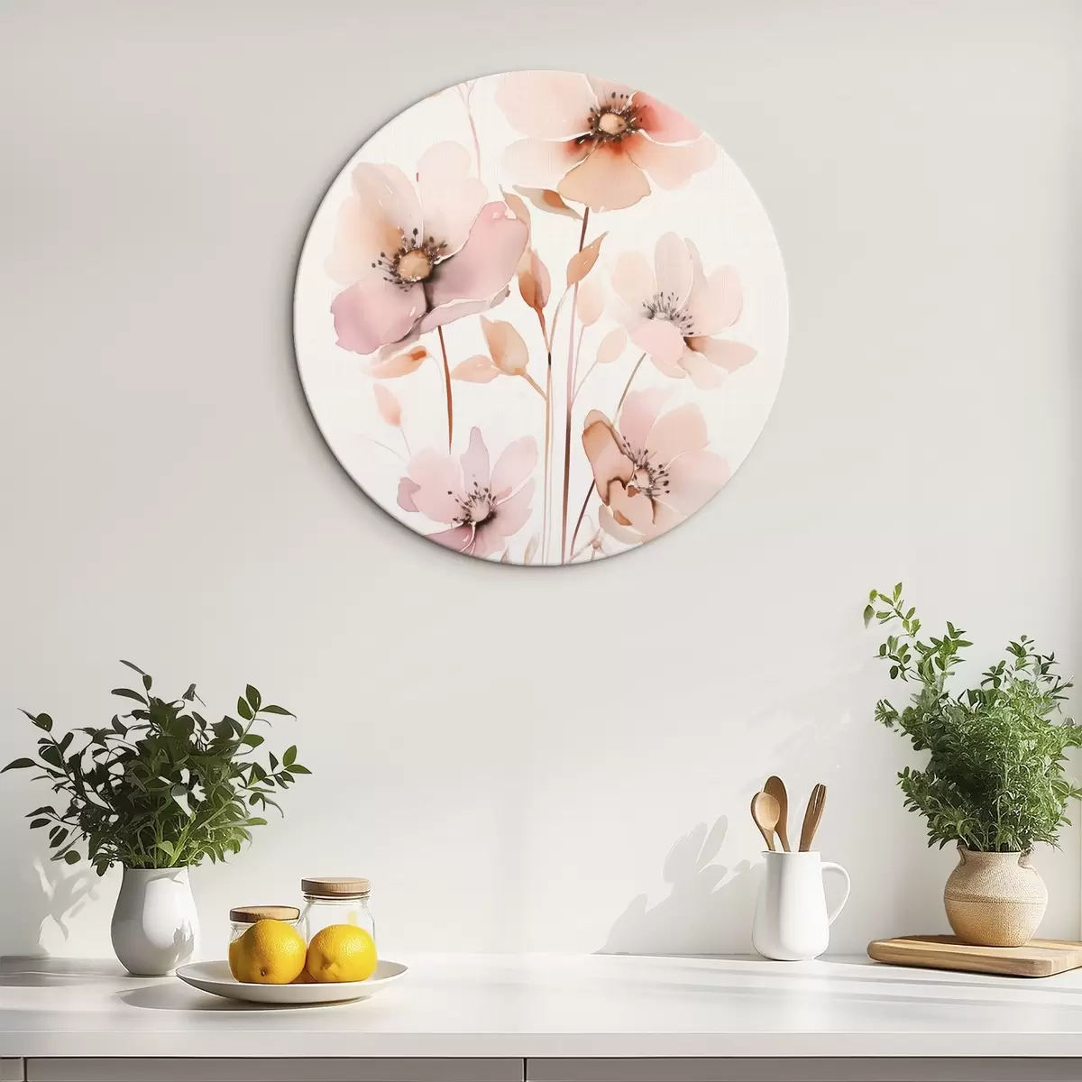 Tableaux rondes Fleurs roses aquarelles sur tiges fines r45701