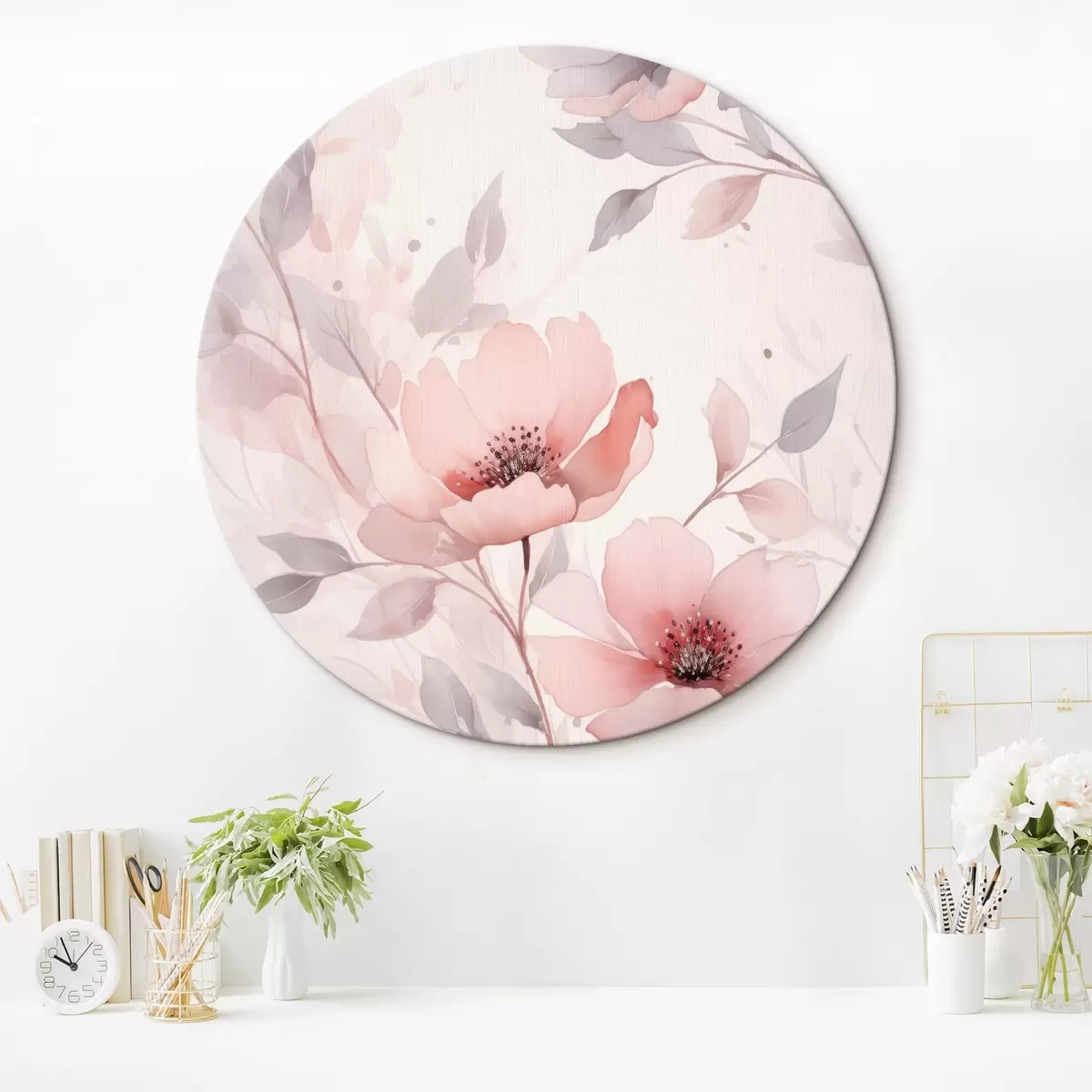 Tableaux rondes Fleurs délicates rose-gris avec effet aquarelle r45702