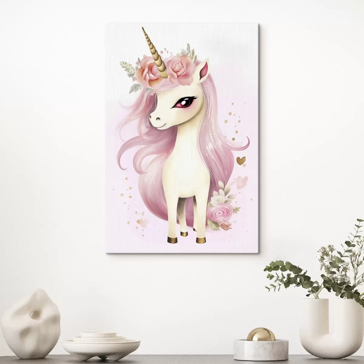 Tableau Licorne avec crinière rose et couronne de fleurs s45484