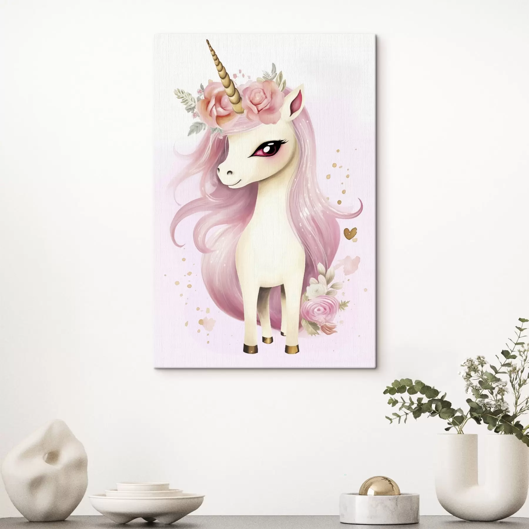 Tableau Licorne avec crinière rose et couronne de fleurs s45484
