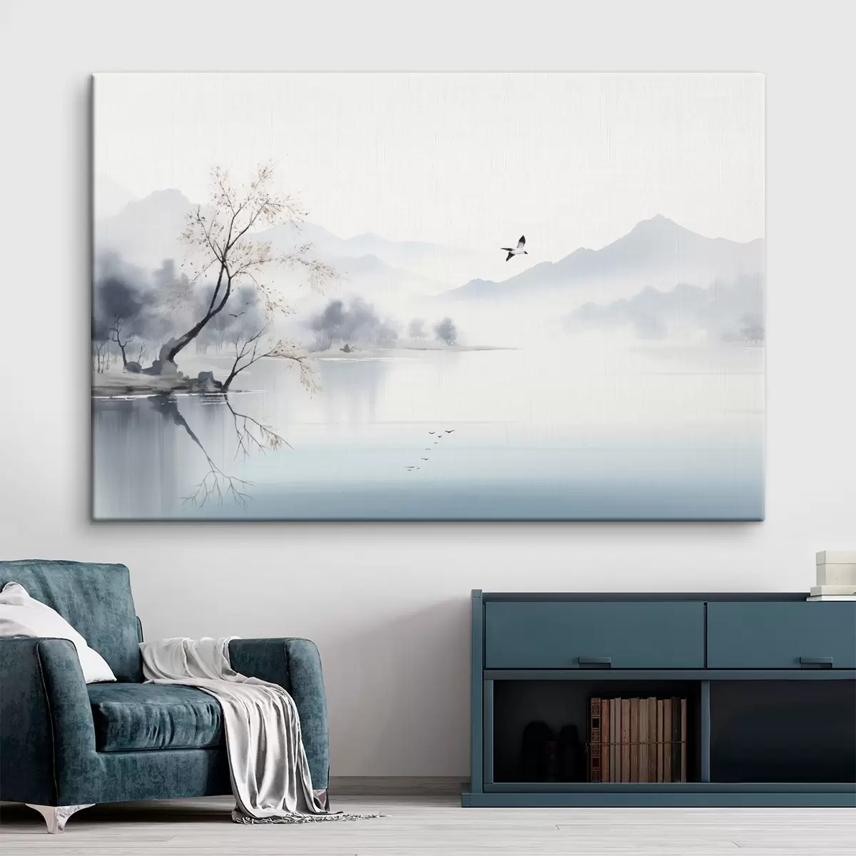 Tableau Paysage brumeux avec un arbre, des montagnes et des oiseaux s45518
