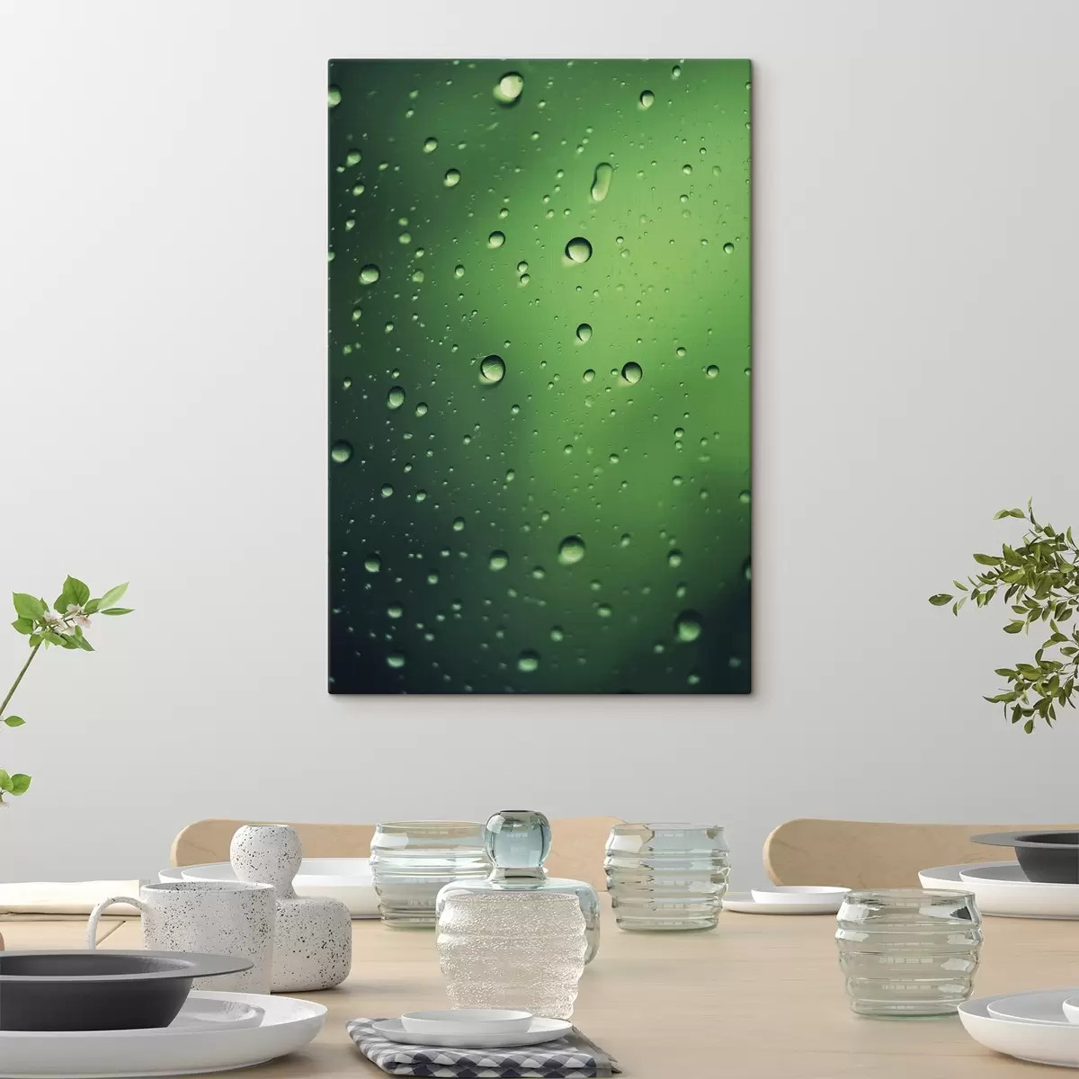 Tableau Gouttes d'eau sur verre vert, gros plan s45521
