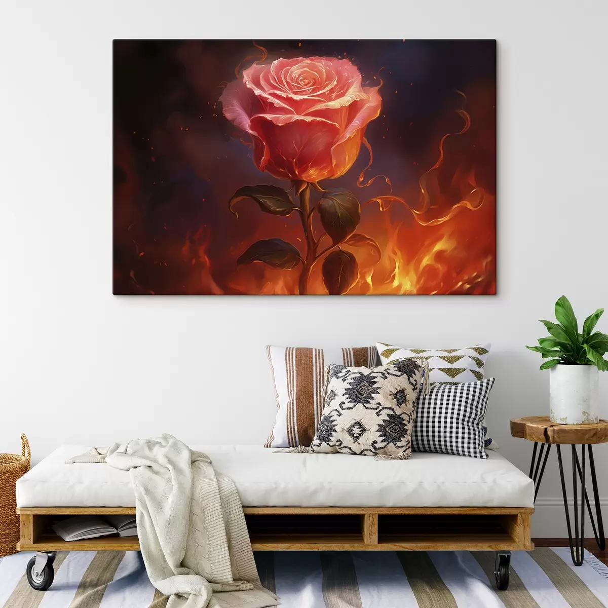Tableau Rose rouge parmi le feu et les étincelles s45523