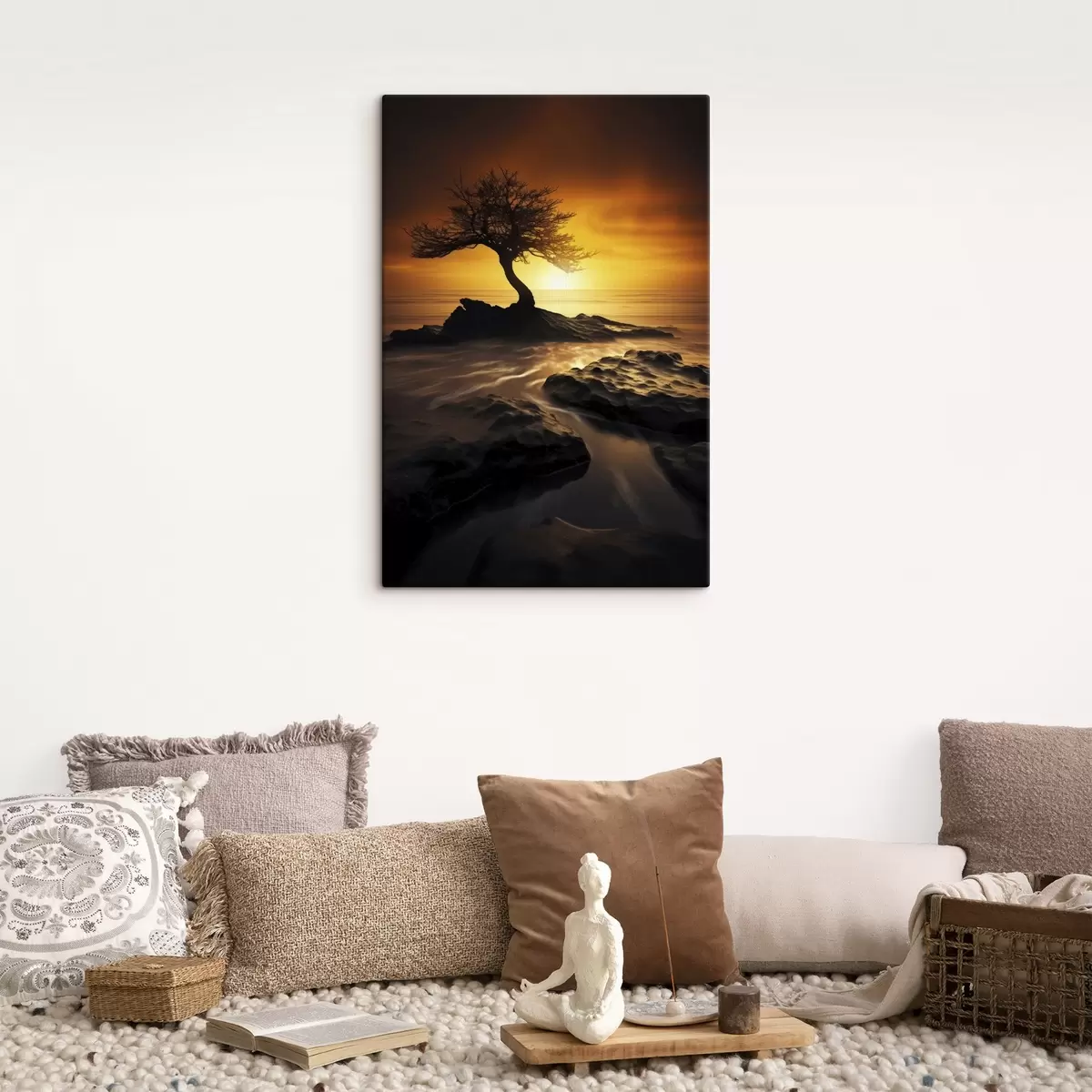 Tableau Arbre solitaire sur une falaise au coucher du soleil s45524