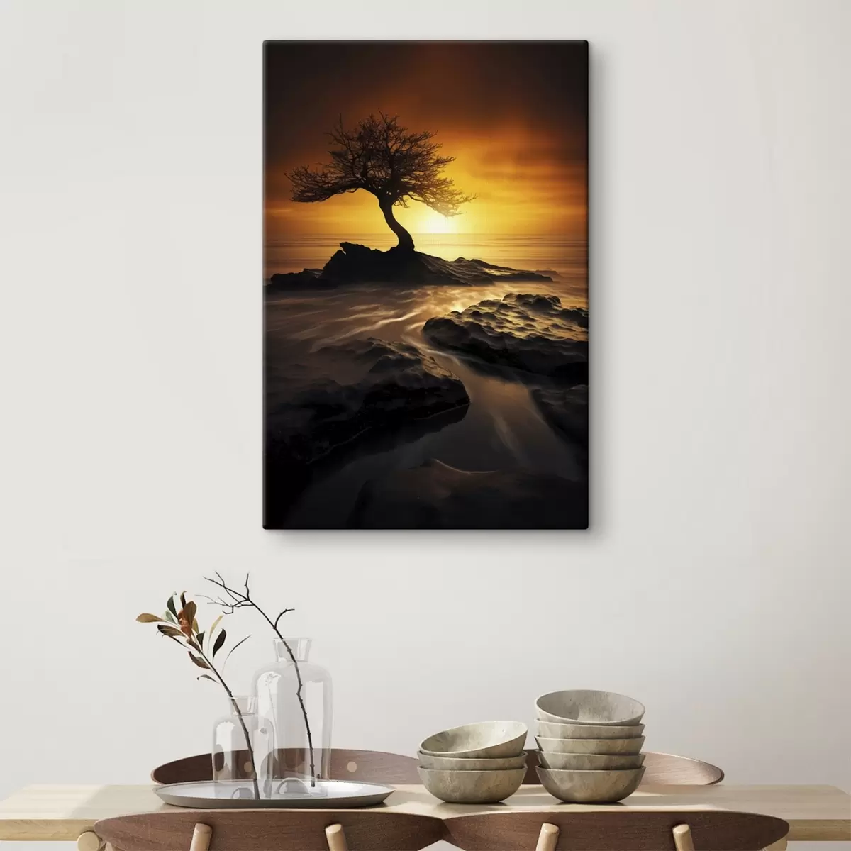 Tableau Arbre solitaire sur une falaise au coucher du soleil s45524