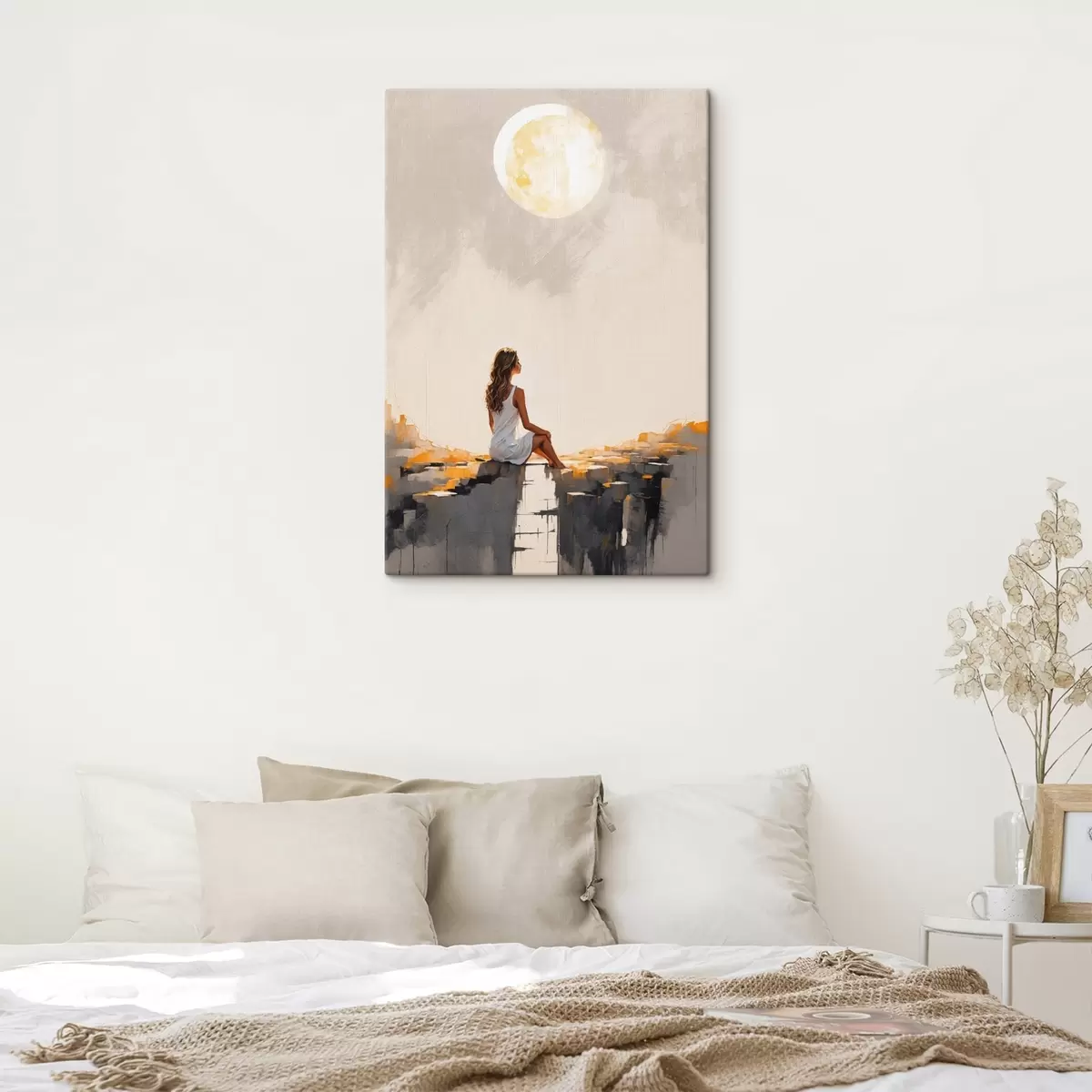 Tableau Fille en robe blanche assise sous une grande lune s45621
