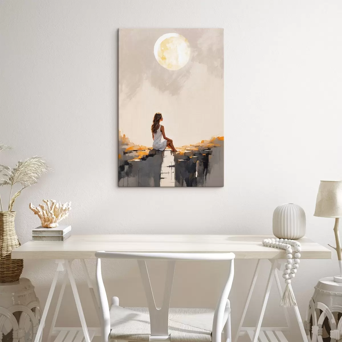 Tableau Fille en robe blanche assise sous une grande lune s45621