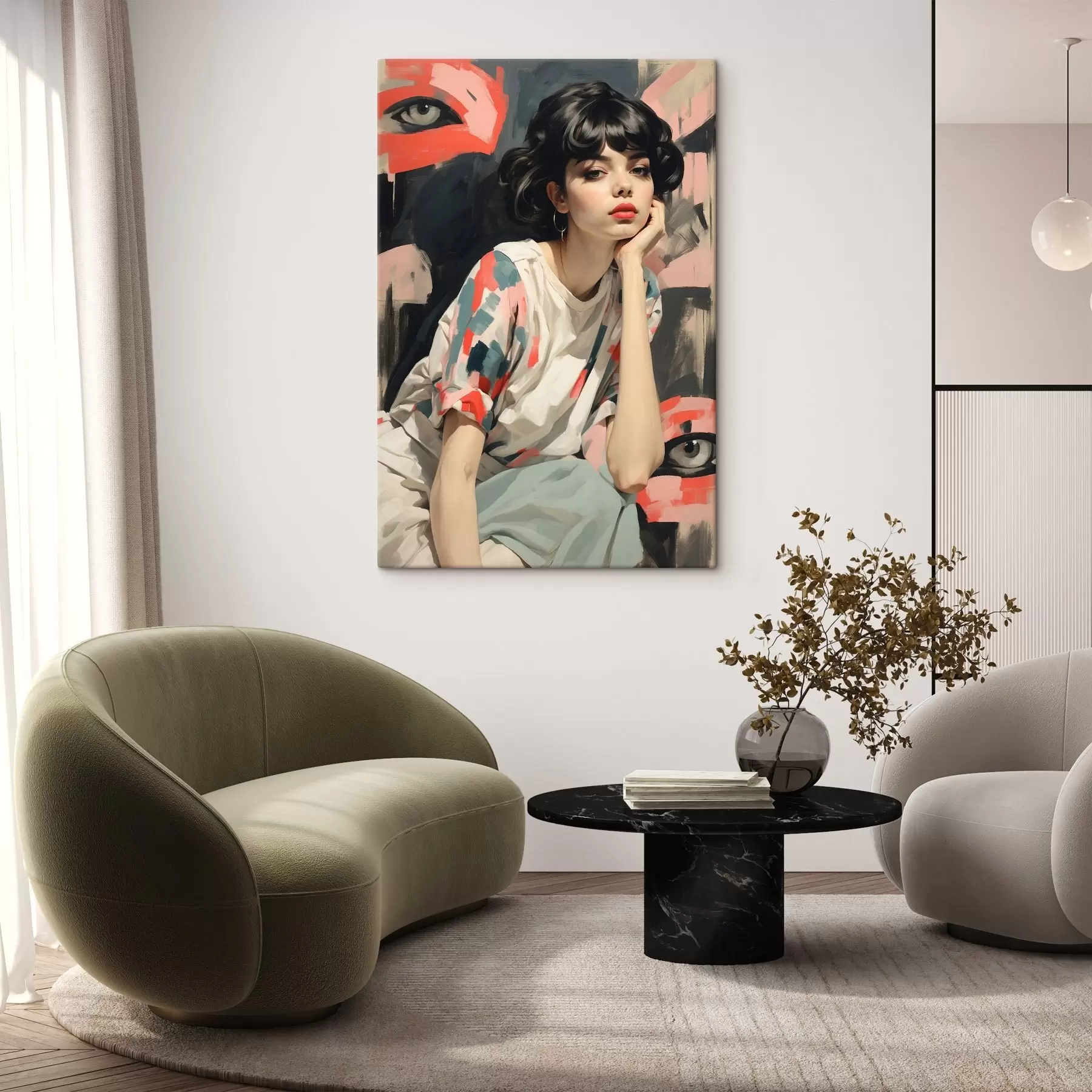 Tableau Portrait d'une jeune fille sur fond d'yeux et de traits abstraits s45623