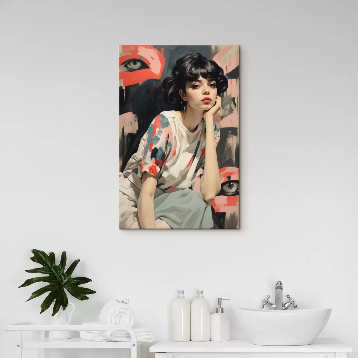Tableau Portrait d'une jeune fille sur fond d'yeux et de traits abstraits s45623