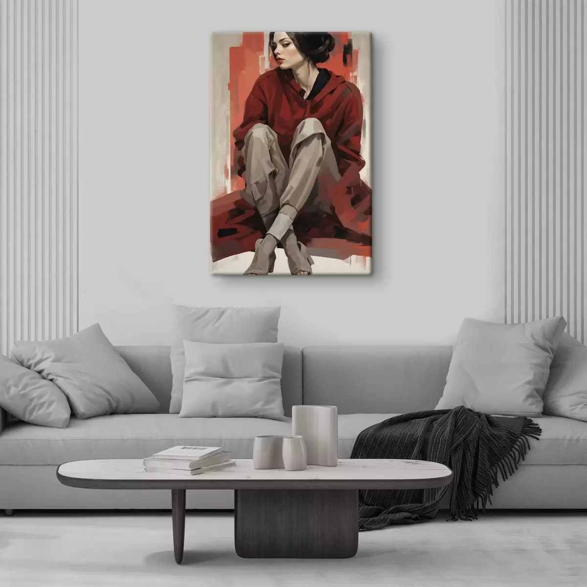 Tableau Fille vêtue d'une cape rouge, assise, les jambes repliées s45624