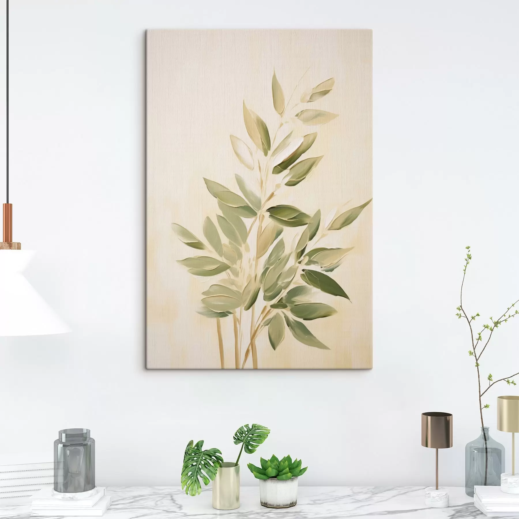 Tableau Branche avec des feuilles vertes sur un fond beige clair s45689