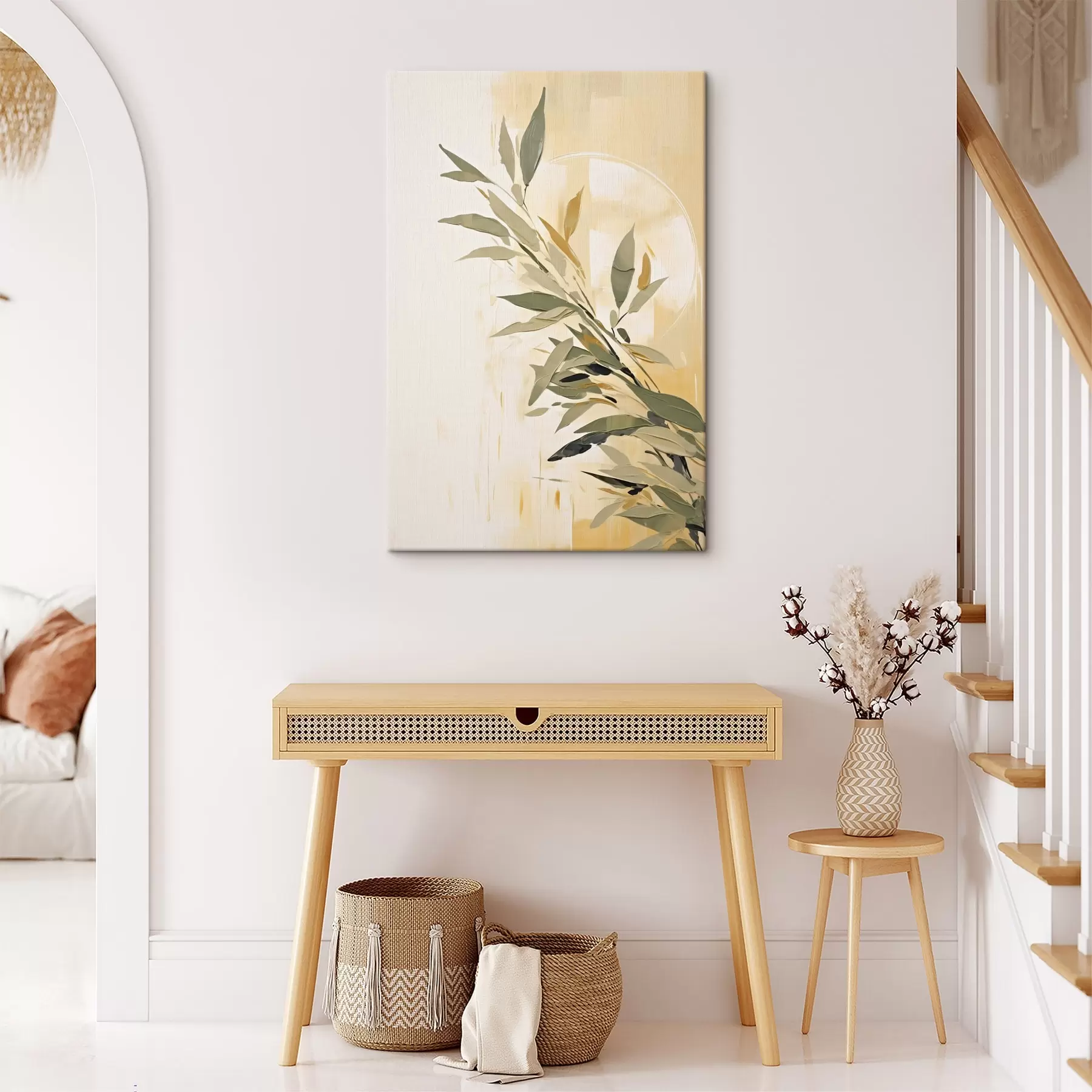 Tableau Branche botanique avec des feuilles vertes sur un fond chaud s45690