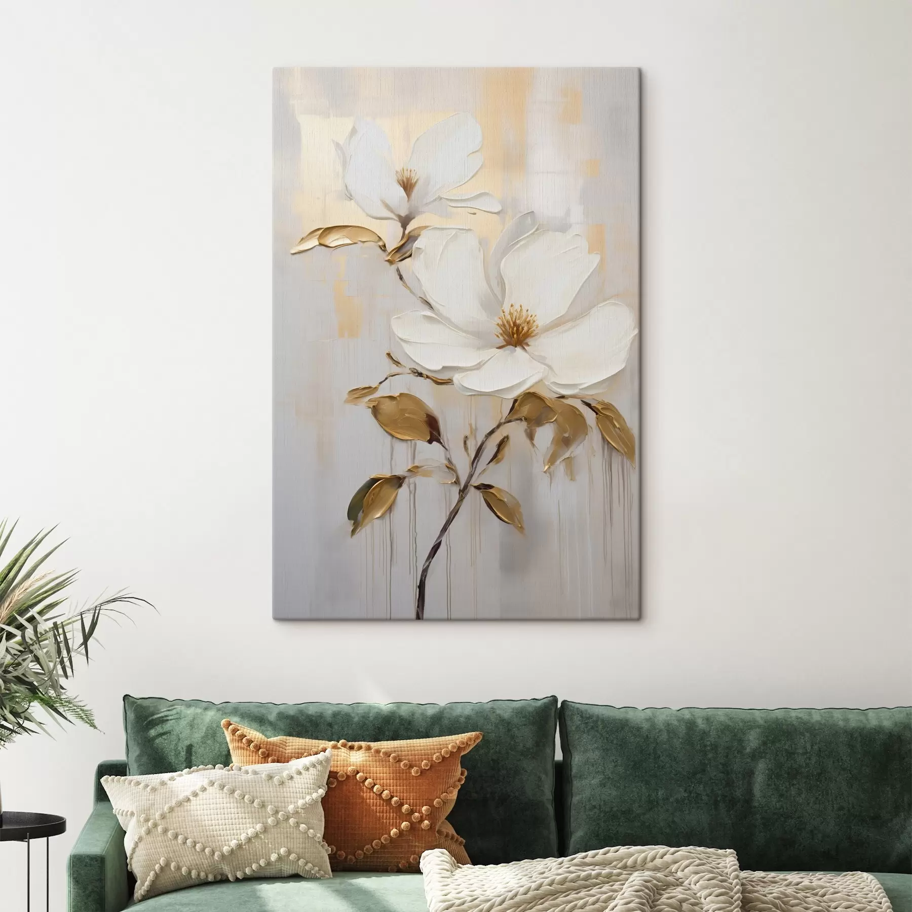 Tableau Deux fleurs blanches avec des feuilles jaune-orange sur un fond clair s45691
