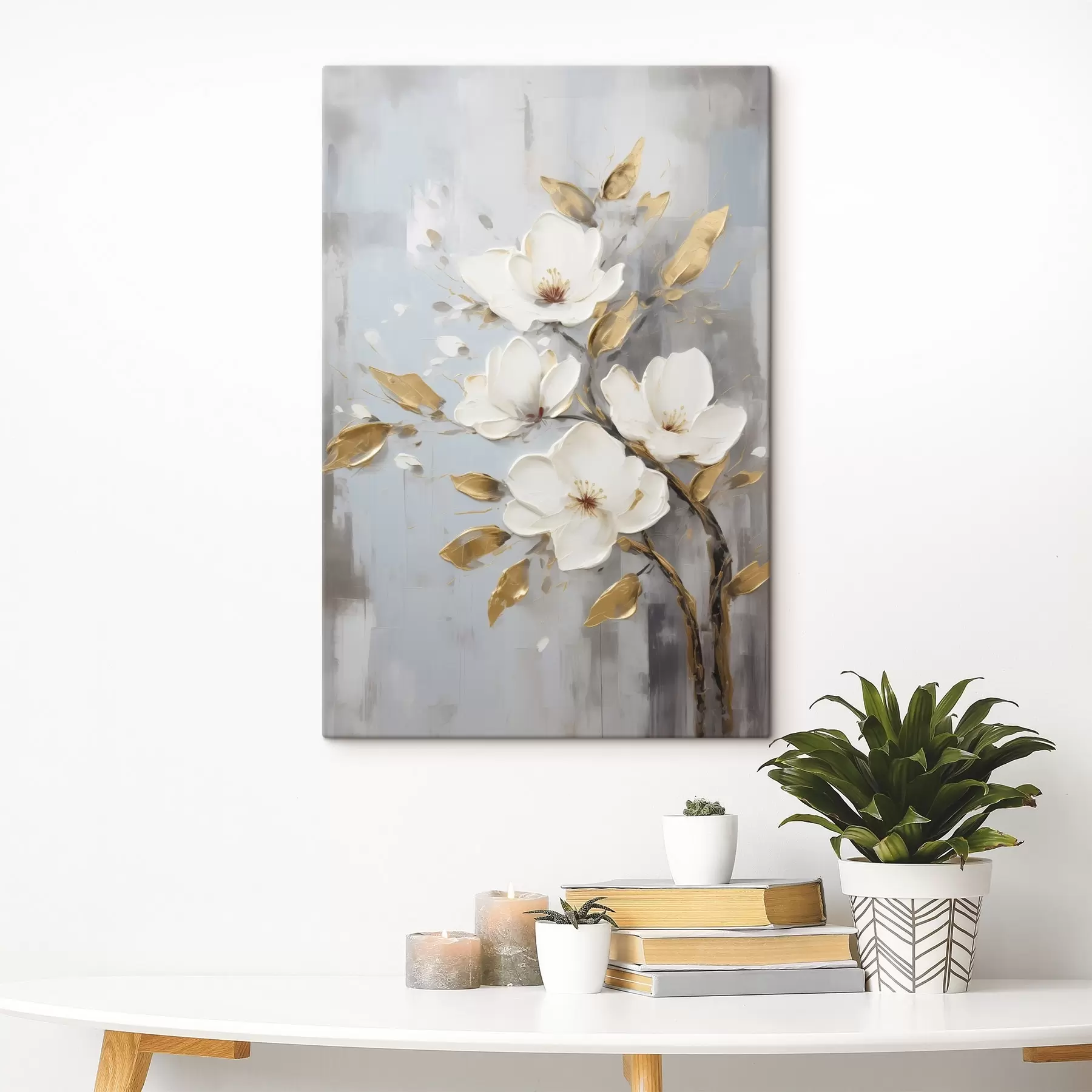 Tableau Branche avec des fleurs blanches et des feuilles jaune-orange s45692