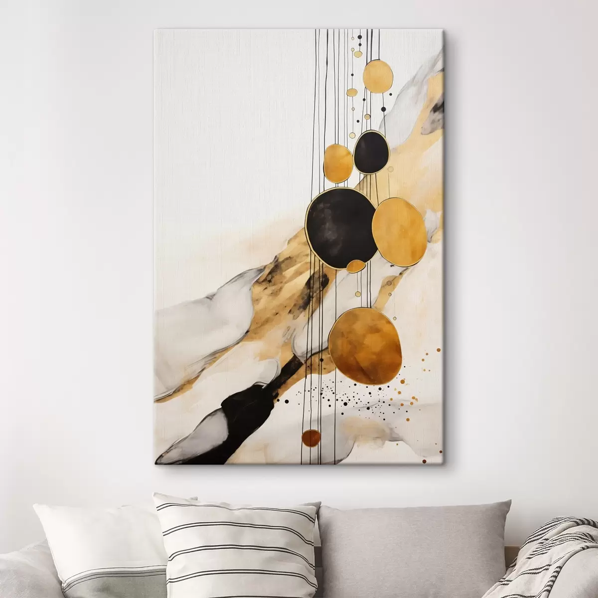 Tableau Cercles abstraits orange et noirs sur fond clair s45693