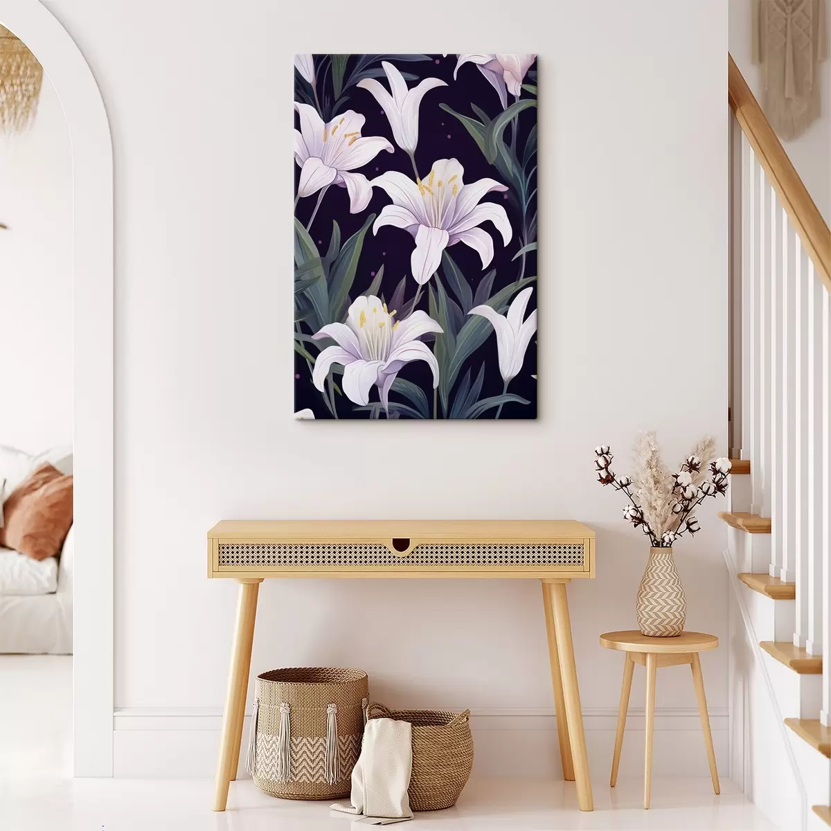 Tableau Lys délicats sur un fond sombre avec des feuilles vertes s45697