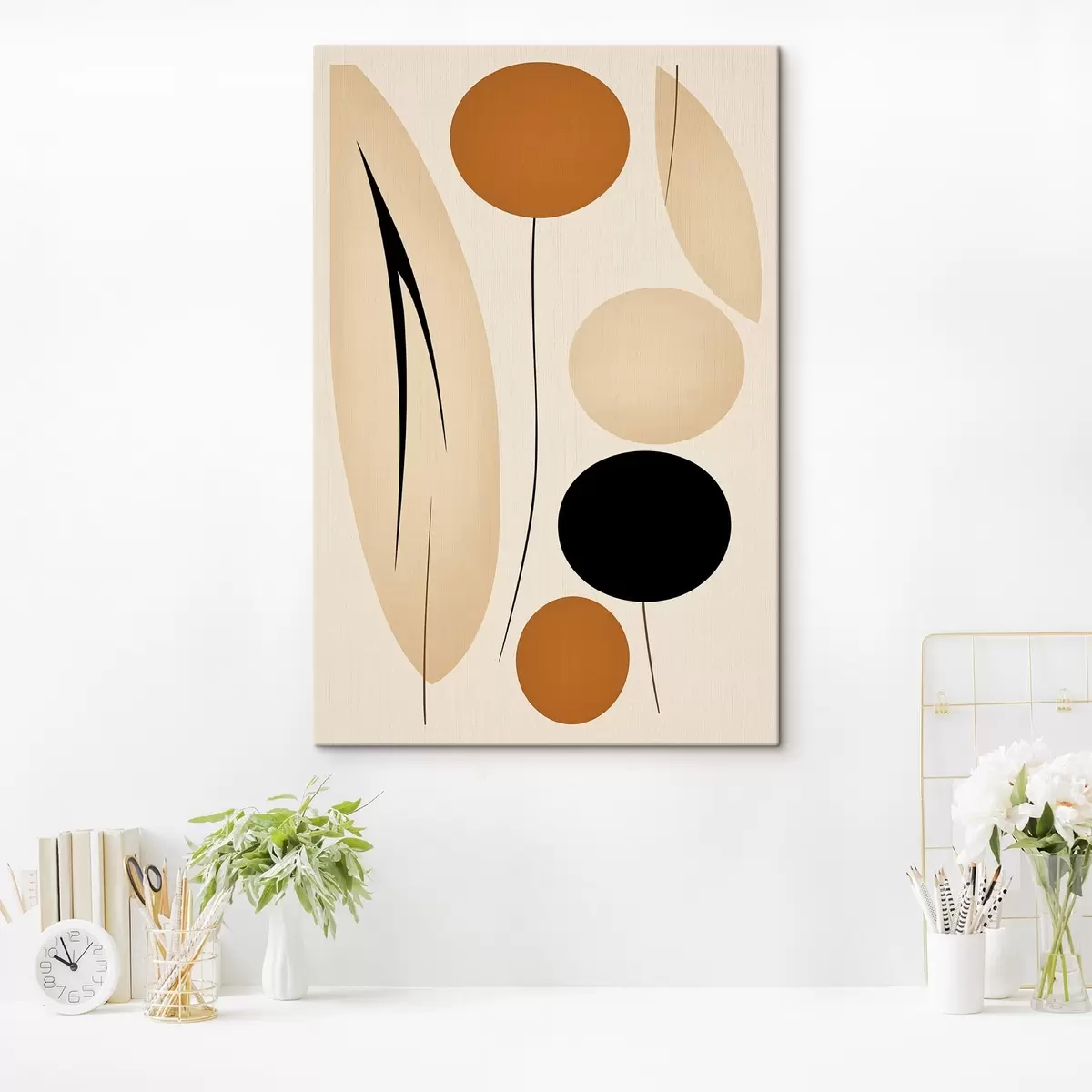 Tableau Composition abstraite avec des cercles noirs et orange s45700