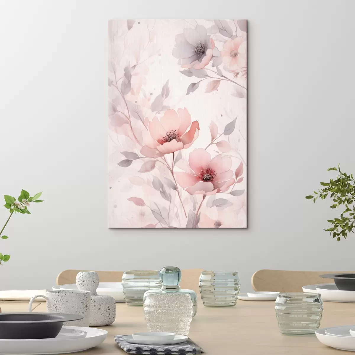 Tableau Fleurs délicates rose-gris avec effet aquarelle s45702
