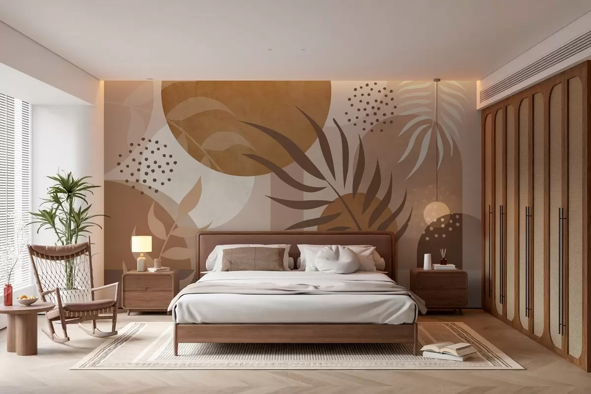 Papier peint Abstraction contemporaine avec des plantes dans les tons bruns et beiges w04497