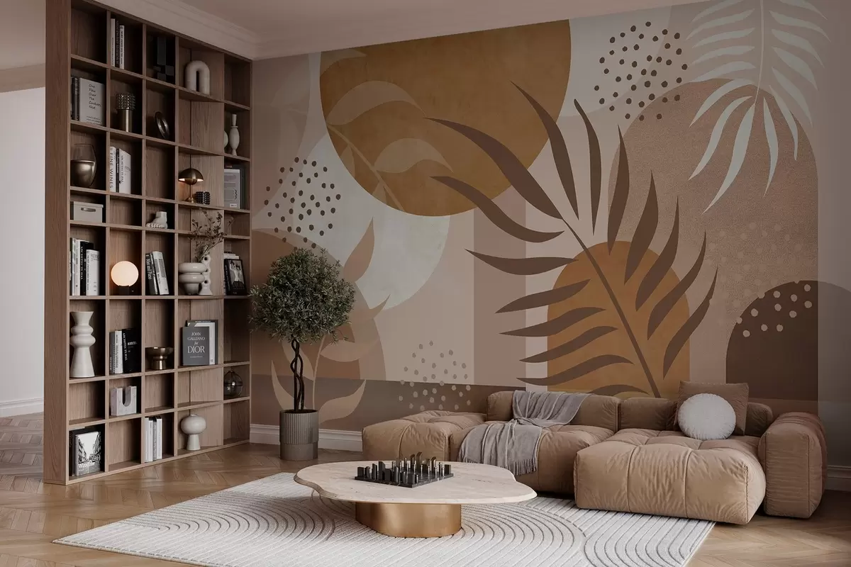 Papier peint Abstraction contemporaine avec des plantes dans les tons bruns et beiges w04497