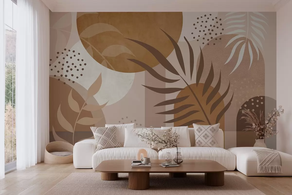 Papier peint Abstraction contemporaine avec des plantes dans les tons bruns et beiges w04497