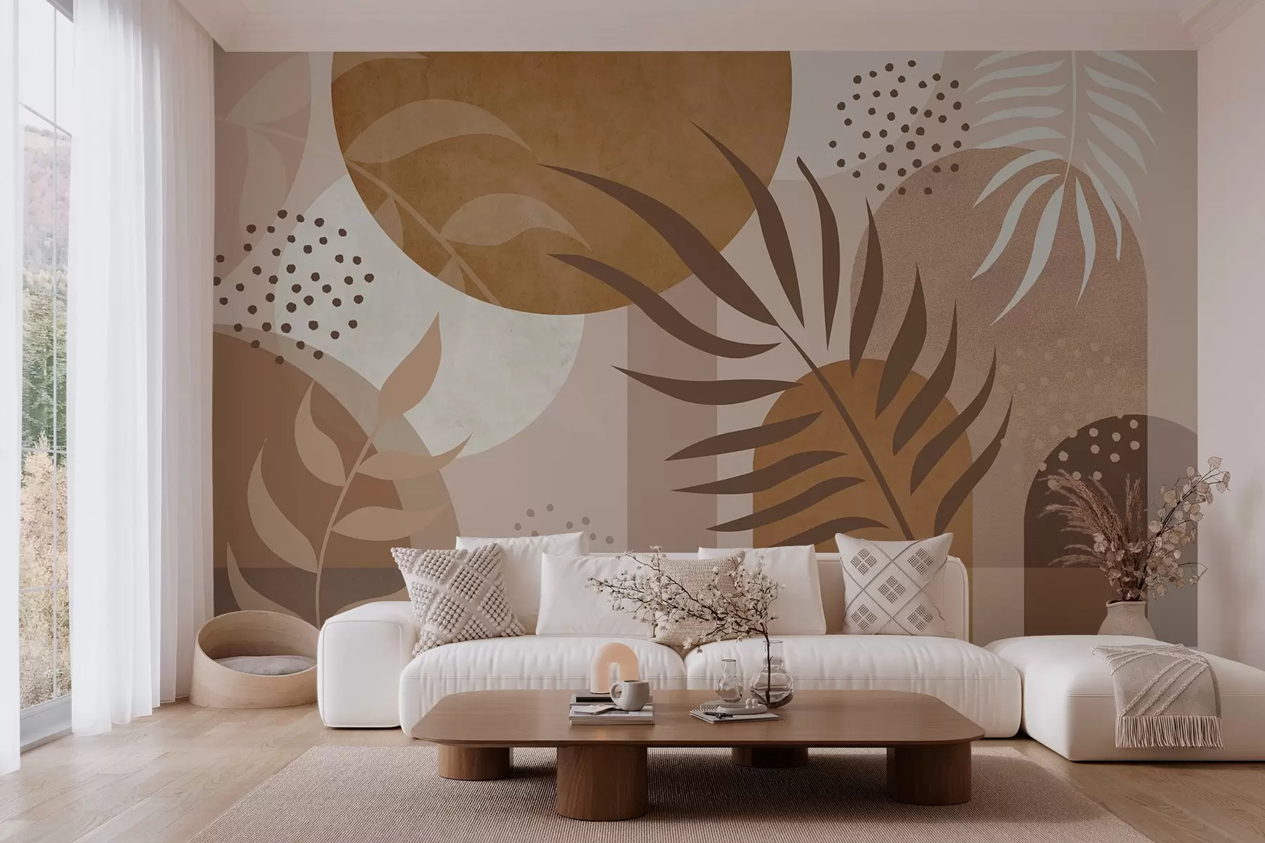 Papier peint Abstraction contemporaine avec des plantes dans les tons bruns et beiges w04497