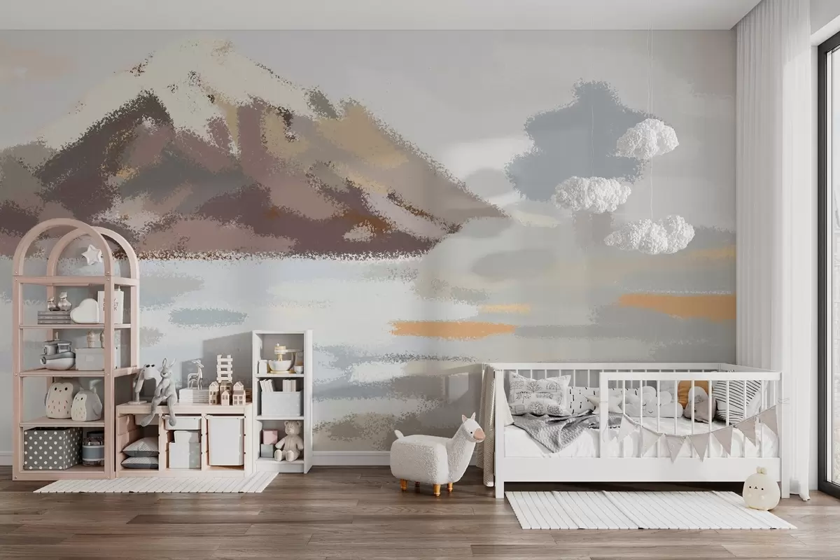 Papier peint paysage abstrait dans le style d'un dessin d'enfant w04498