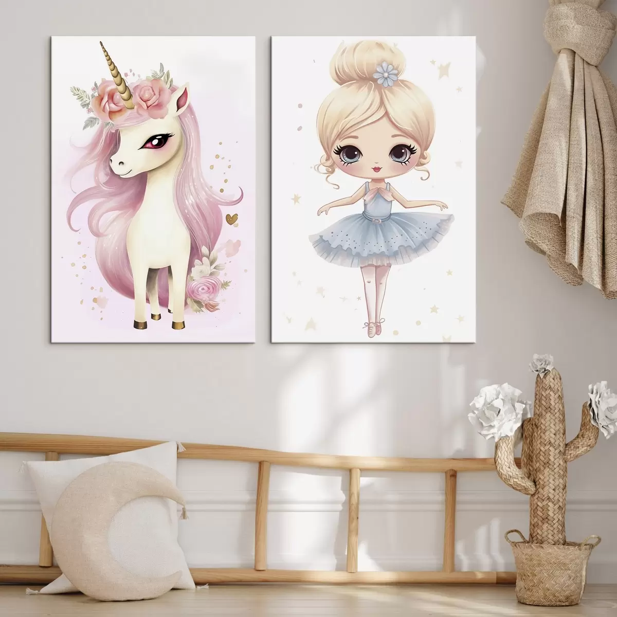 Tableau Poupée ballerine en robe bleue et licorne à la crinière rose m00692