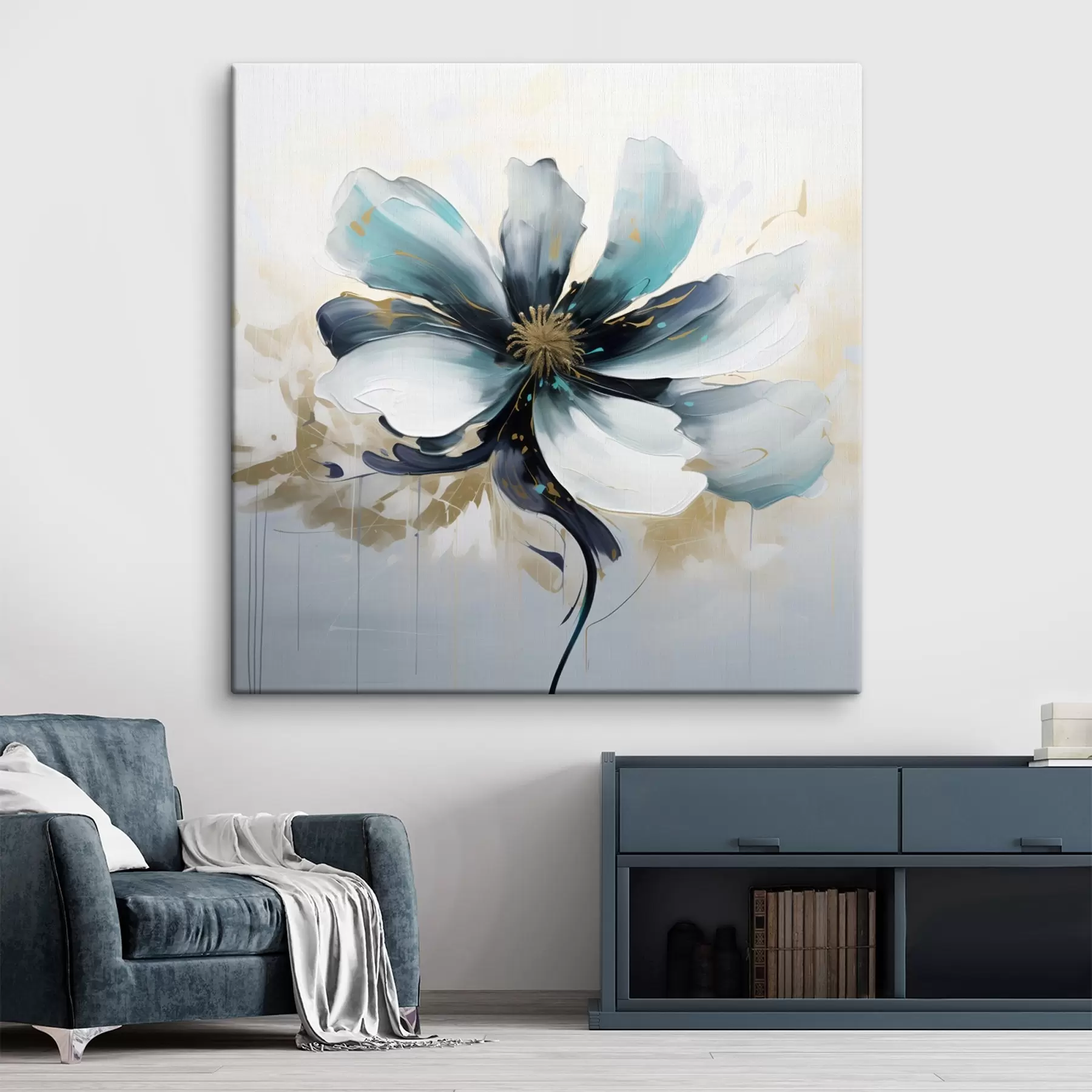 Tableau Fleur turquoise en peinture à l'huile s45641