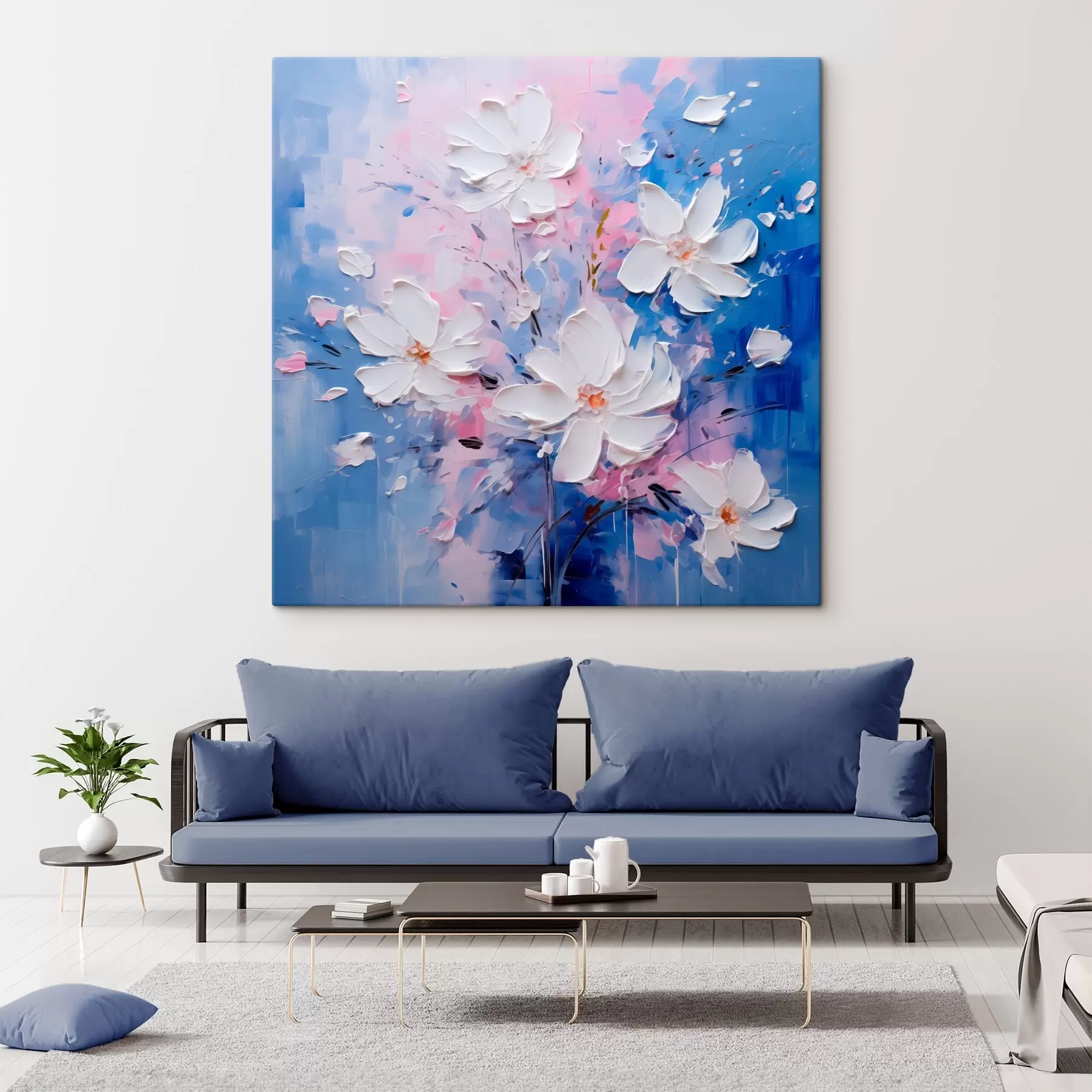 Tableau Fleurs volumétriques sur fond bleu en style empâté s45648