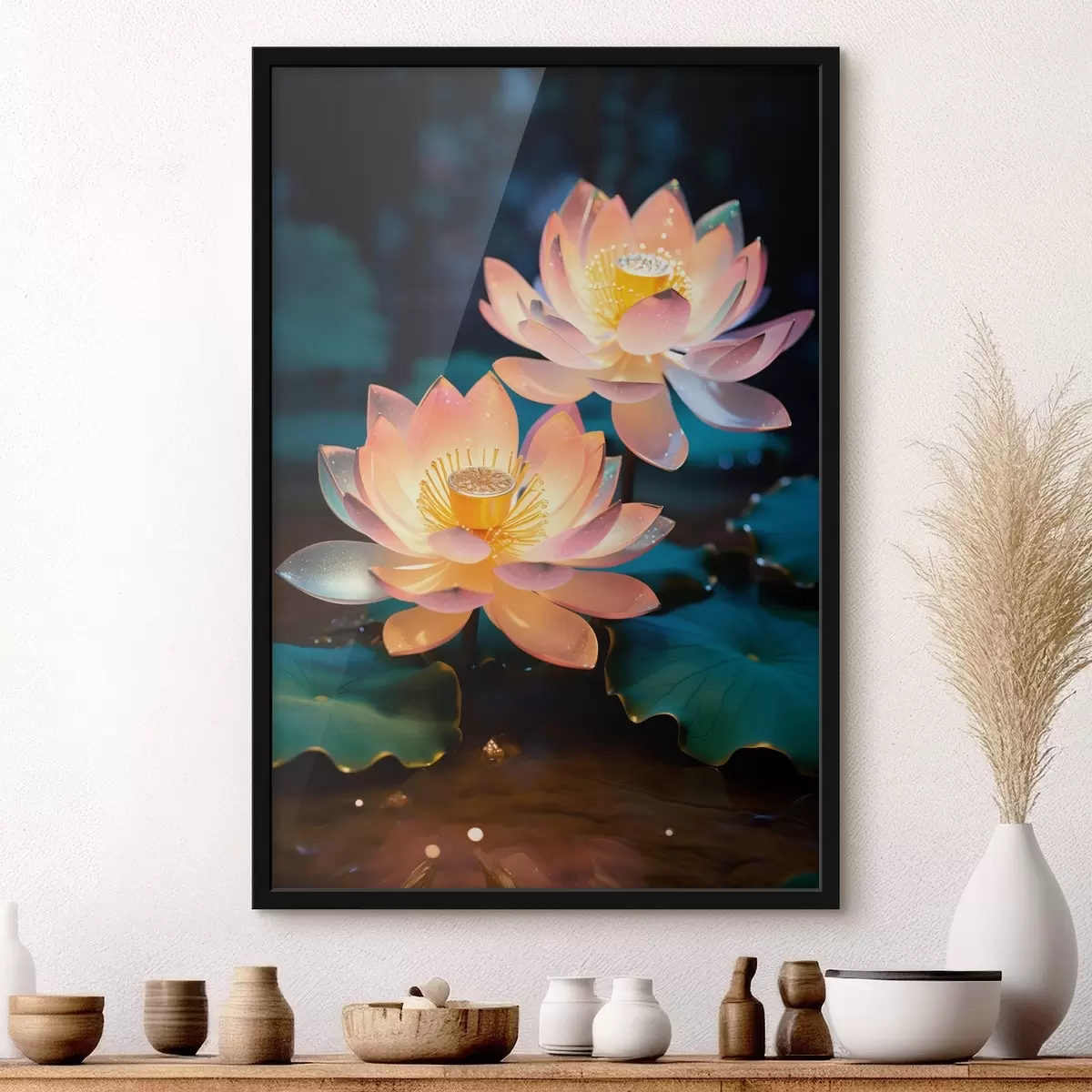 Poster Fleurs de lotus délicates sur l'eau en style réaliste f45644